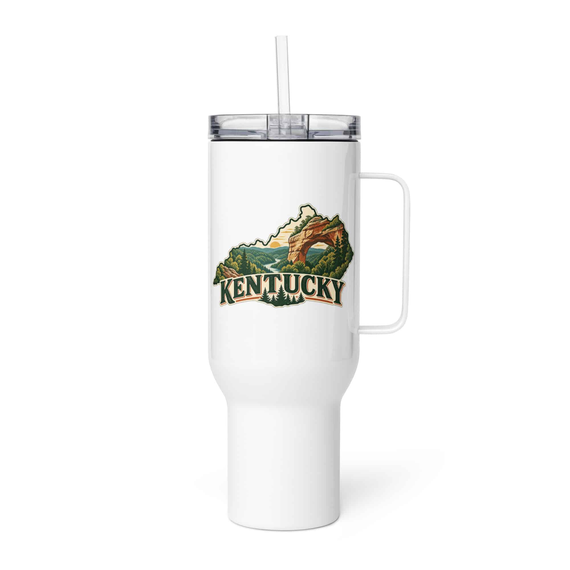 Kentucky Travel Mug: Sandstone arch and forest, Vintage Kentucky Silhouette