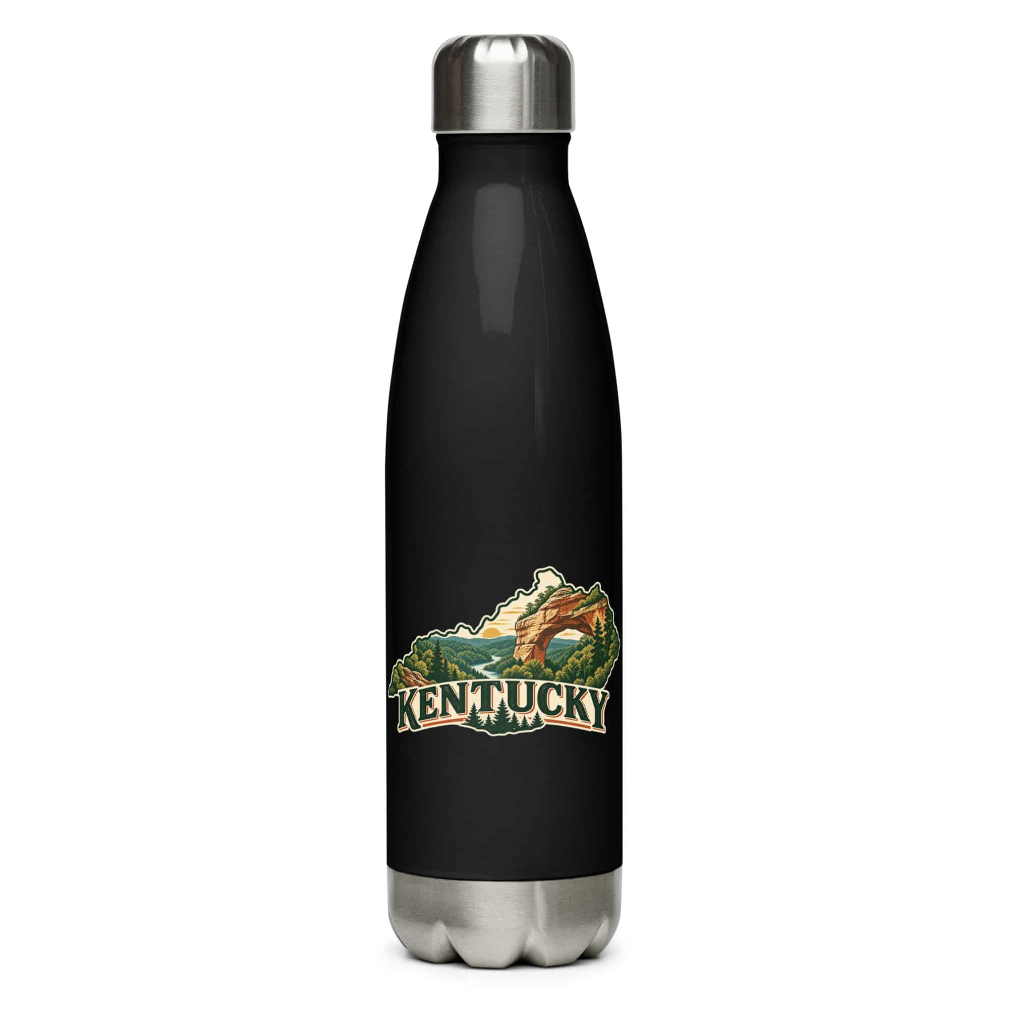 Kentucky Stainless Steel Water Bottle: Sandstone arch and forest, Vintage Kentucky Silhouette