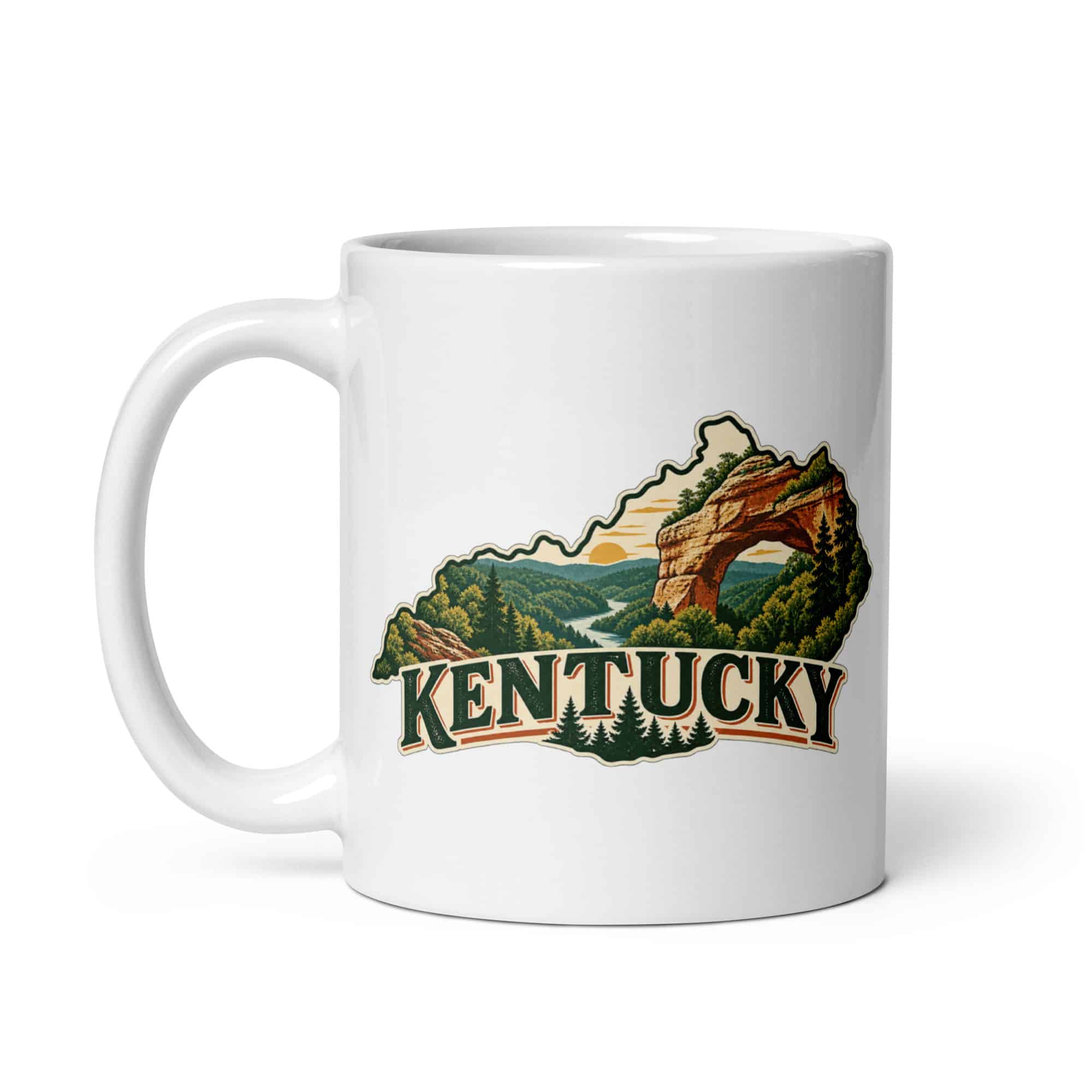 Kentucky White Ceramic Coffee Mug: Sandstone arch and forest, Vintage Kentucky Silhouette