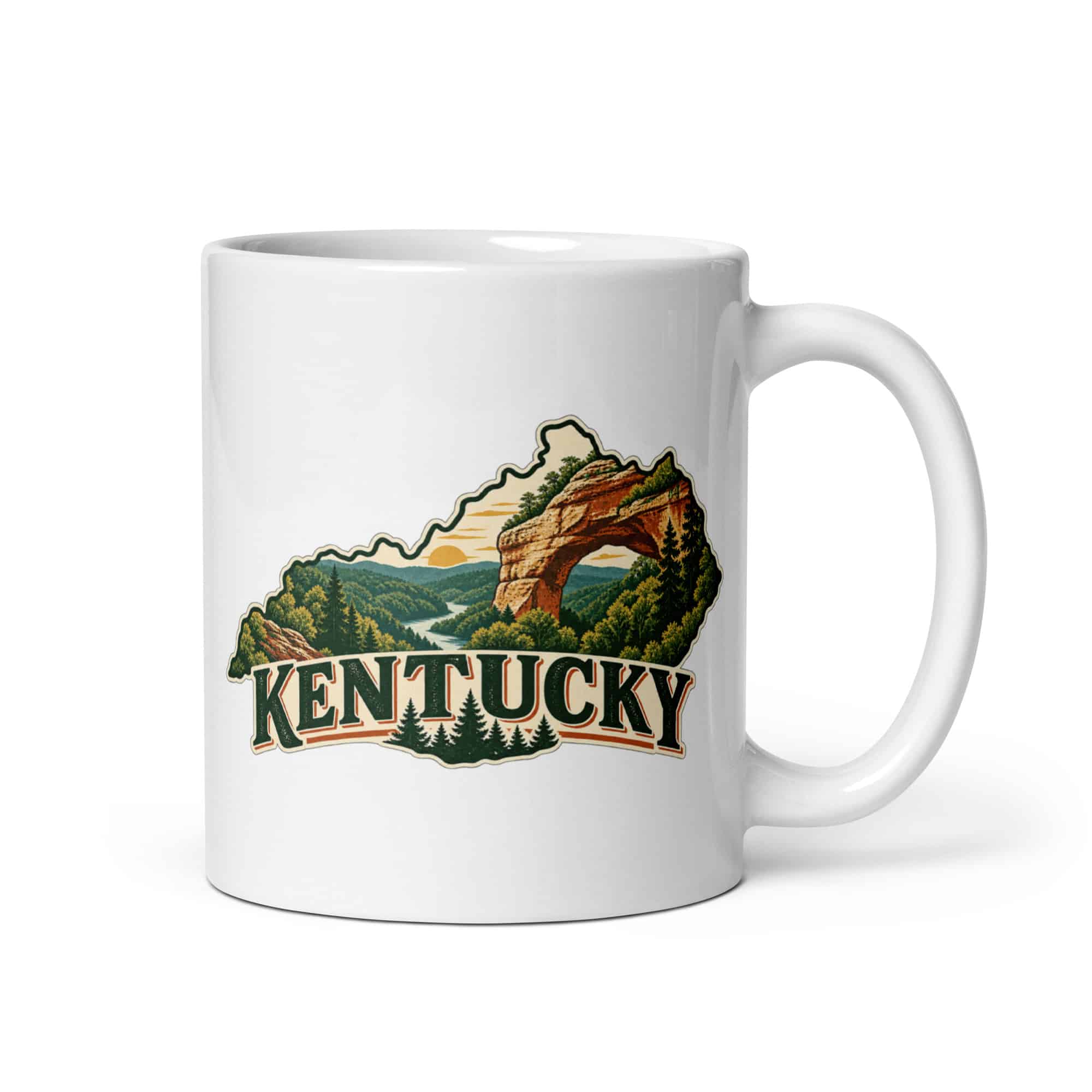 Kentucky White Ceramic Coffee Mug: Sandstone arch and forest, Vintage Kentucky Silhouette
