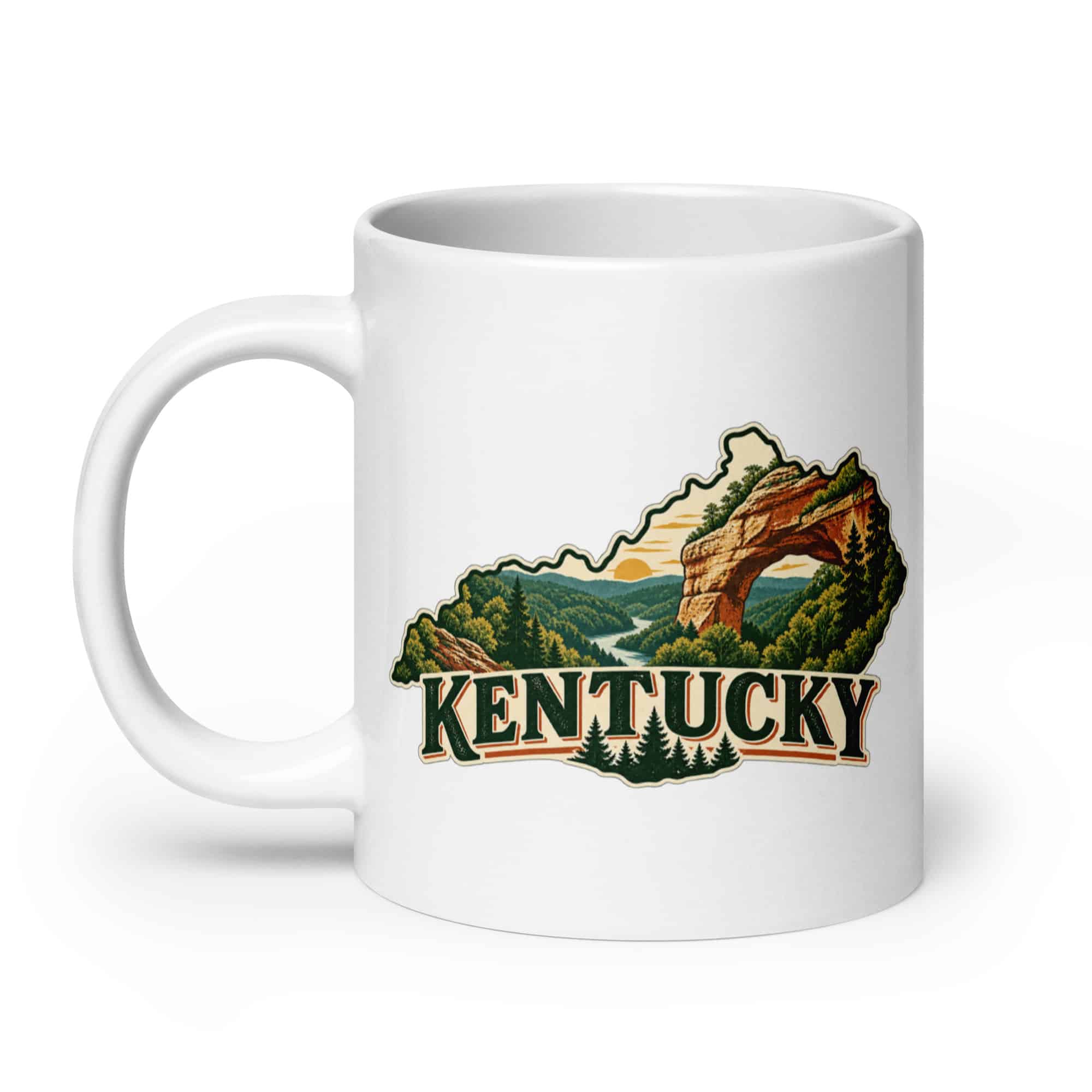 Kentucky White Ceramic Coffee Mug: Sandstone arch and forest, Vintage Kentucky Silhouette