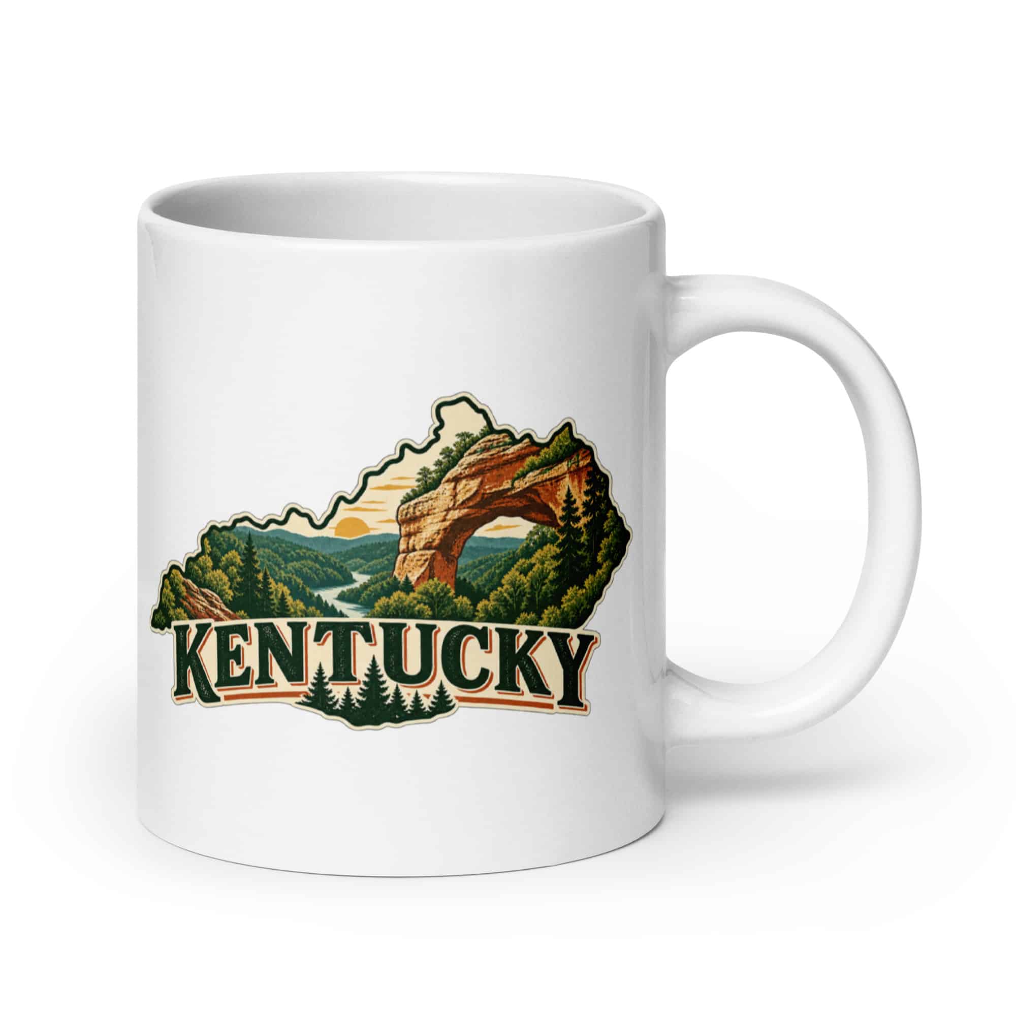 Kentucky White Ceramic Coffee Mug: Sandstone arch and forest, Vintage Kentucky Silhouette