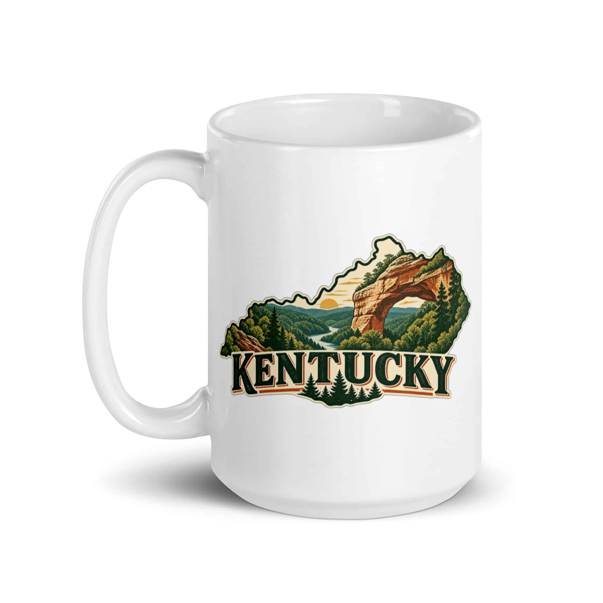 Kentucky White Ceramic Coffee Mug: Sandstone arch and forest, Vintage Kentucky Silhouette