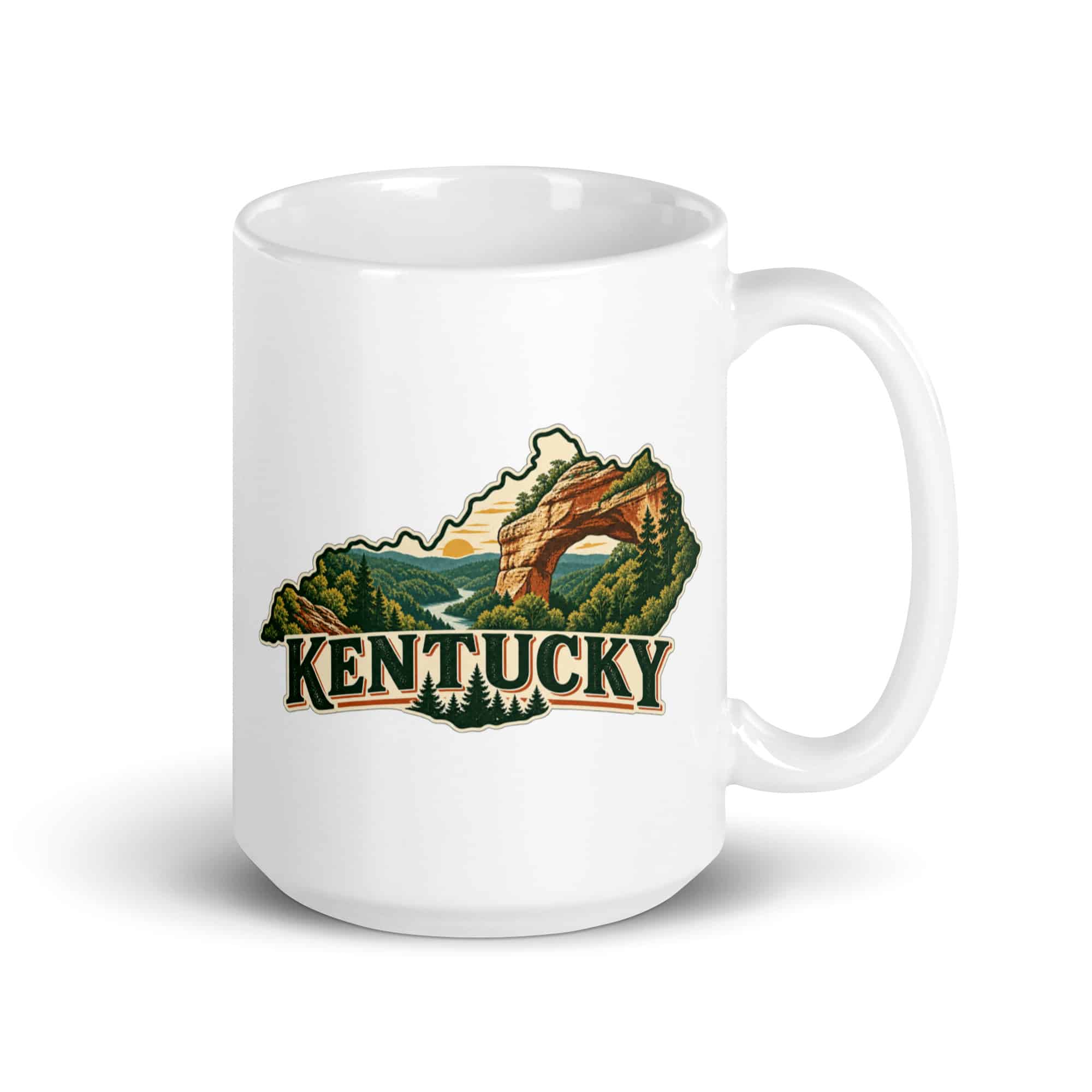 Kentucky White Ceramic Coffee Mug: Sandstone arch and forest, Vintage Kentucky Silhouette