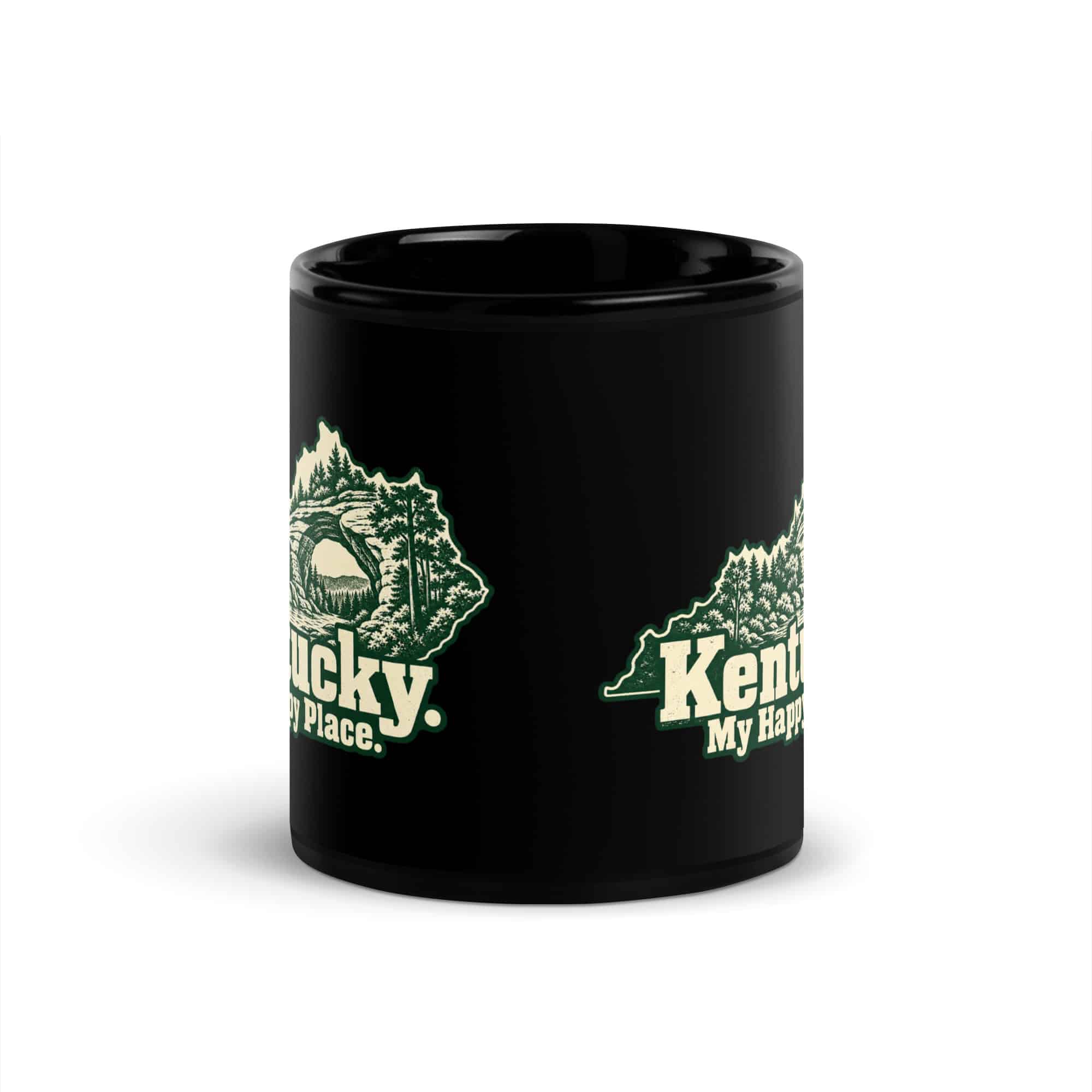 Kentucky Black Coffee Mug: Sandstone arch and forest, Woodcut Kentucky Silhouette