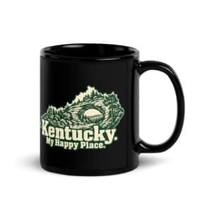 Kentucky Black Coffee Mug: Sandstone arch and forest, Woodcut Kentucky Silhouette - 11 oz - Handle on Right