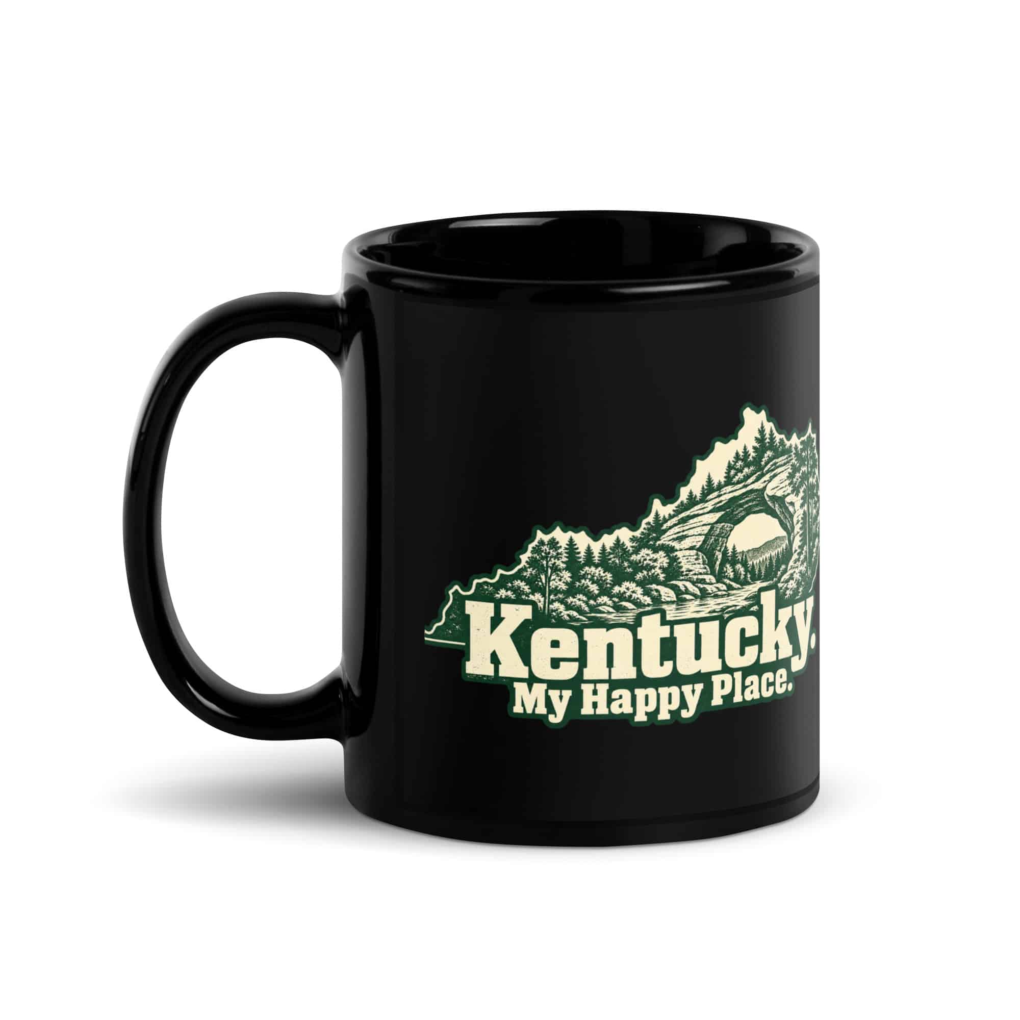 Kentucky Black Coffee Mug: Sandstone arch and forest, Woodcut Kentucky Silhouette