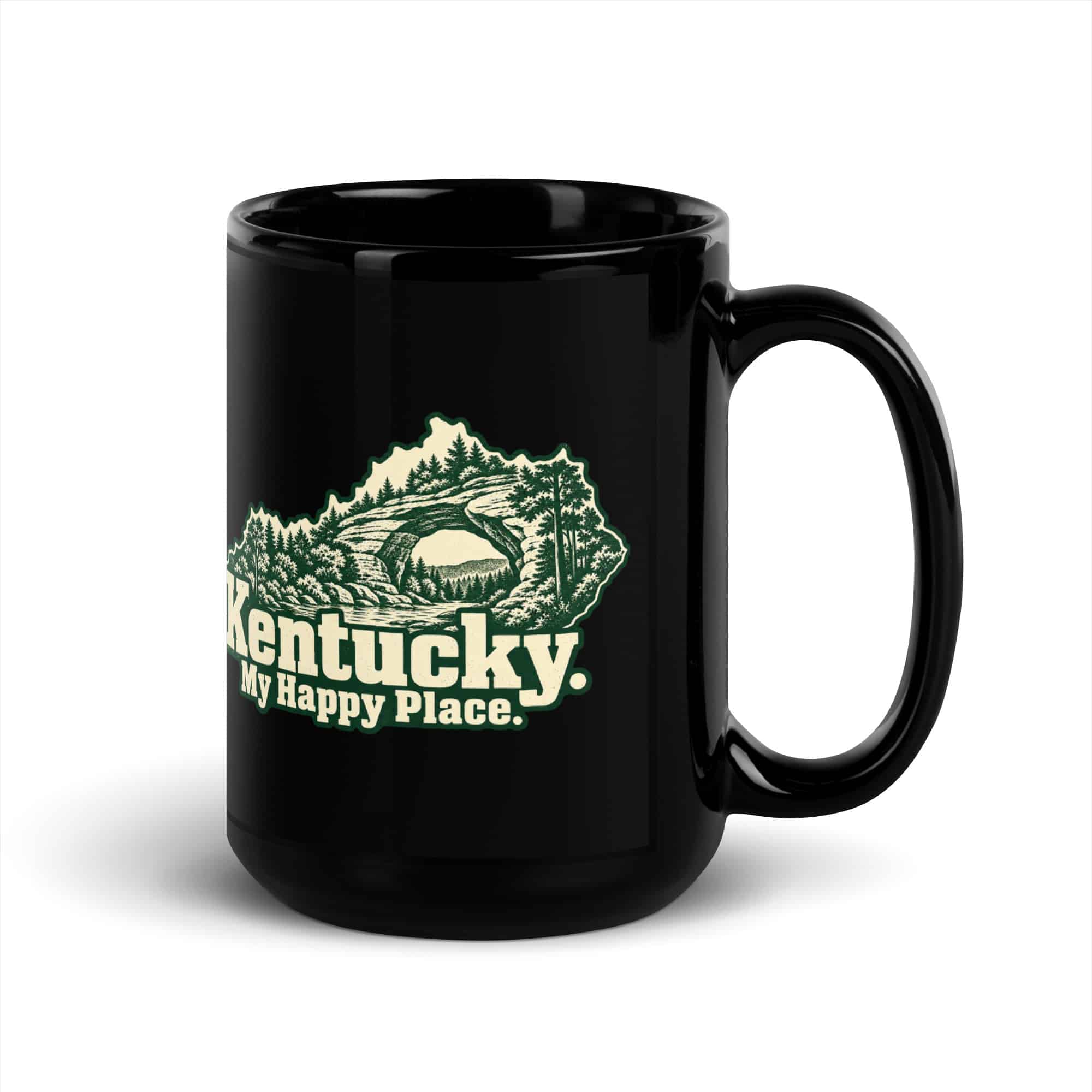 Kentucky Black Coffee Mug: Sandstone arch and forest, Woodcut Kentucky Silhouette