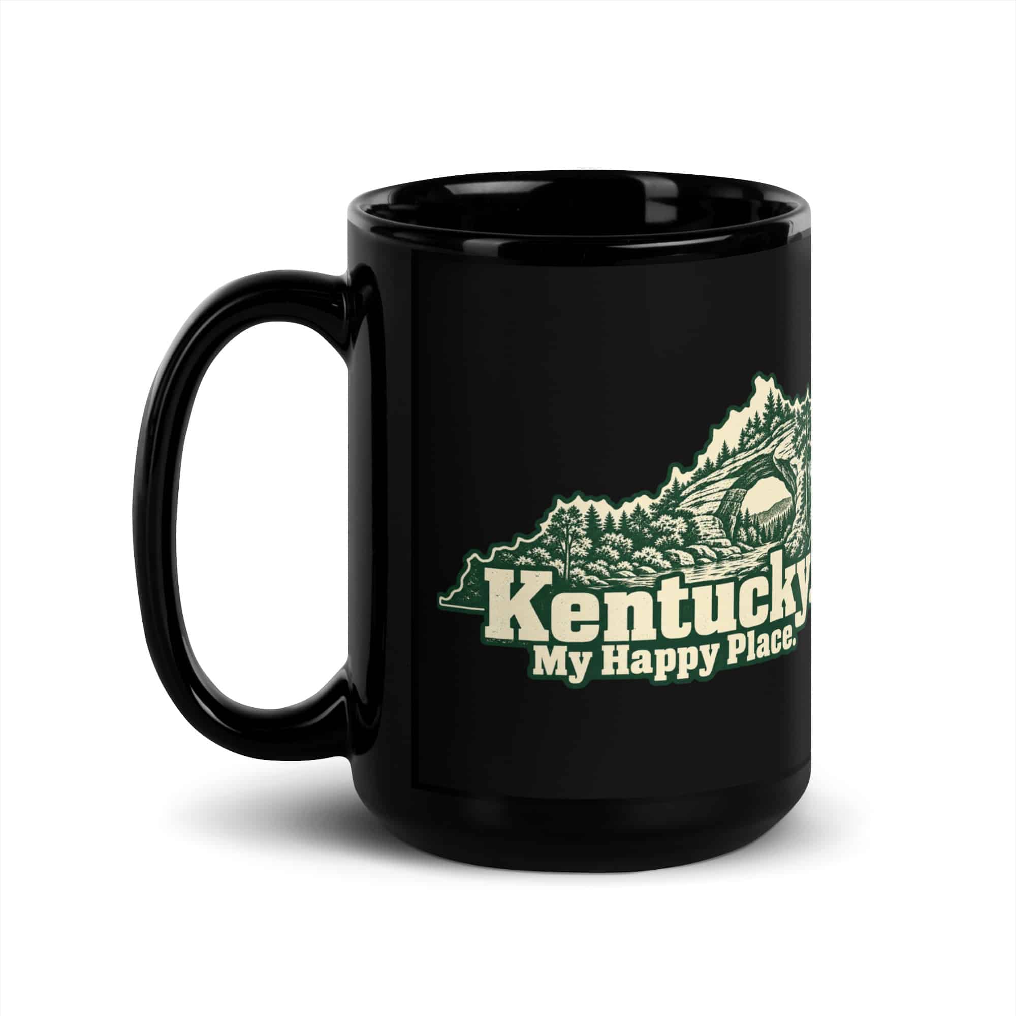 Kentucky Black Coffee Mug: Sandstone arch and forest, Woodcut Kentucky Silhouette