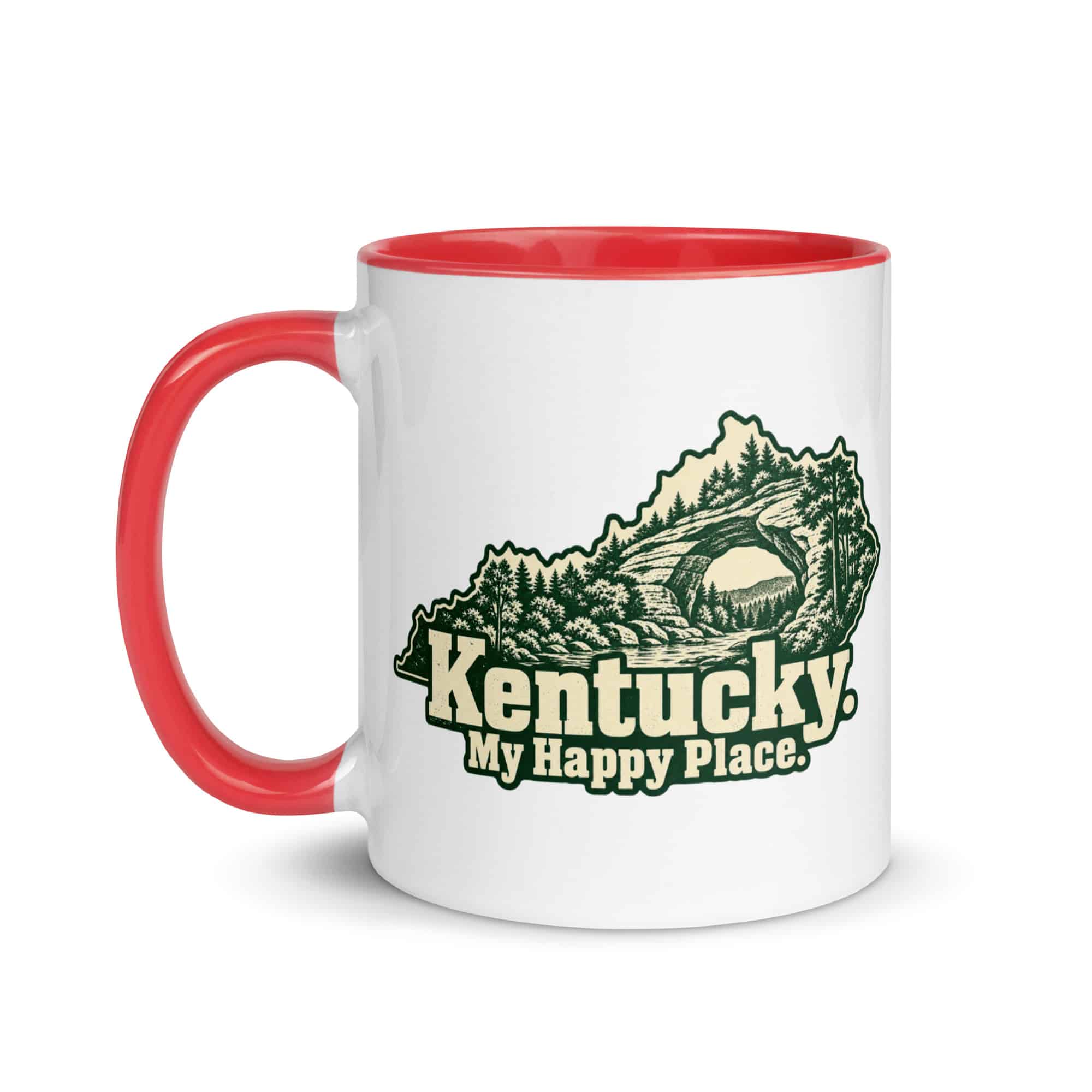 Kentucky Color Inside Coffee Mug: Sandstone arch and forest, Woodcut Kentucky Silhouette