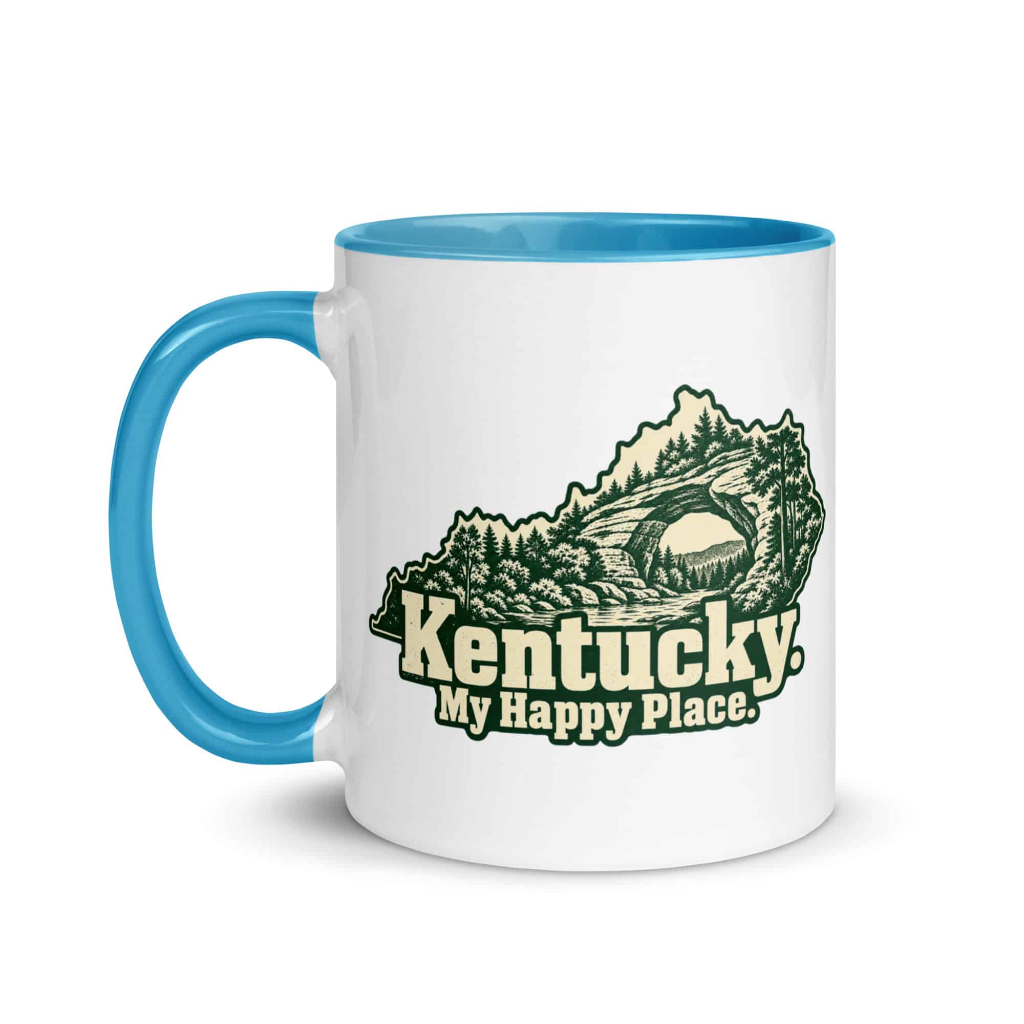 Kentucky Color Inside Coffee Mug: Sandstone arch and forest, Woodcut Kentucky Silhouette