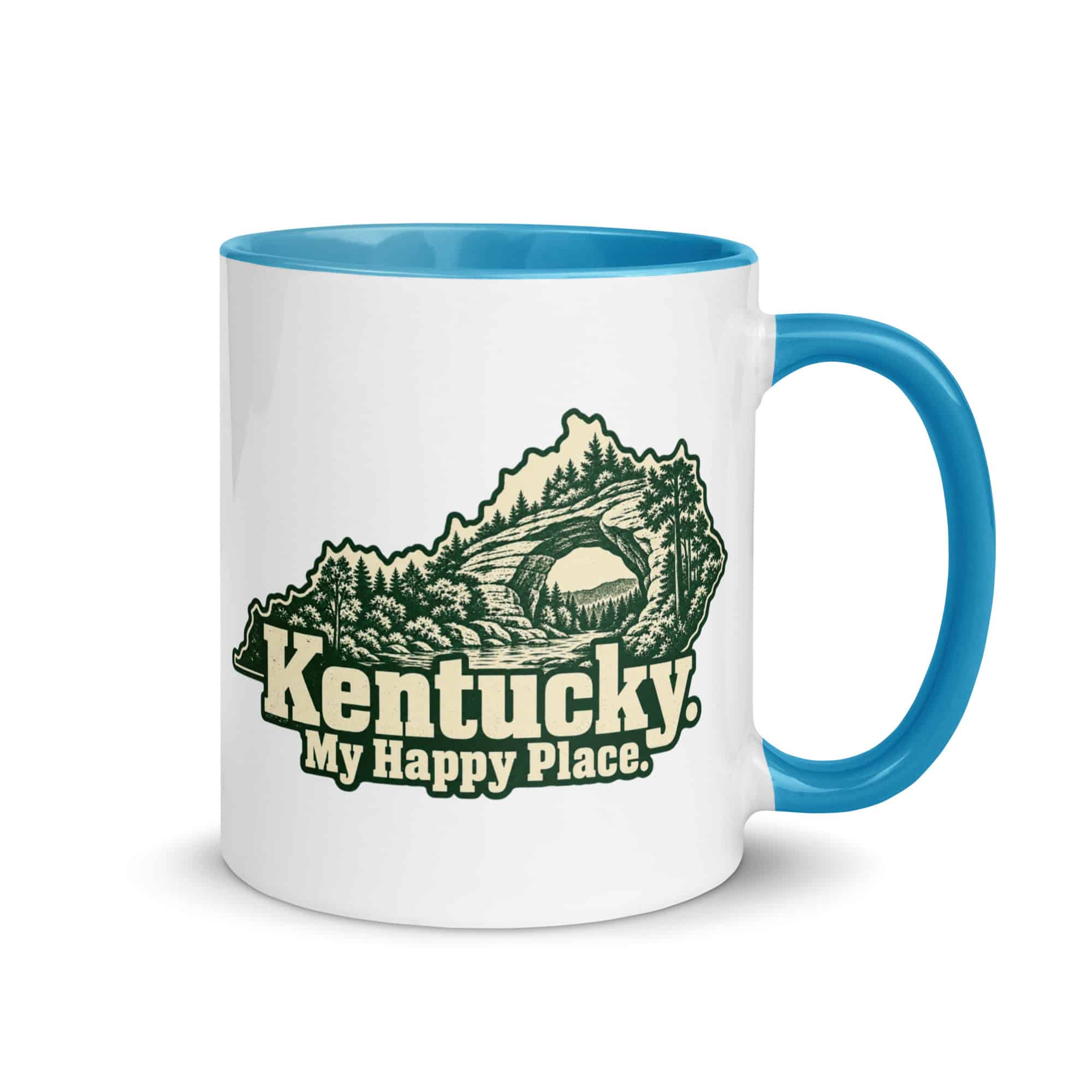 Kentucky Color Inside Coffee Mug: Sandstone arch and forest, Woodcut Kentucky Silhouette
