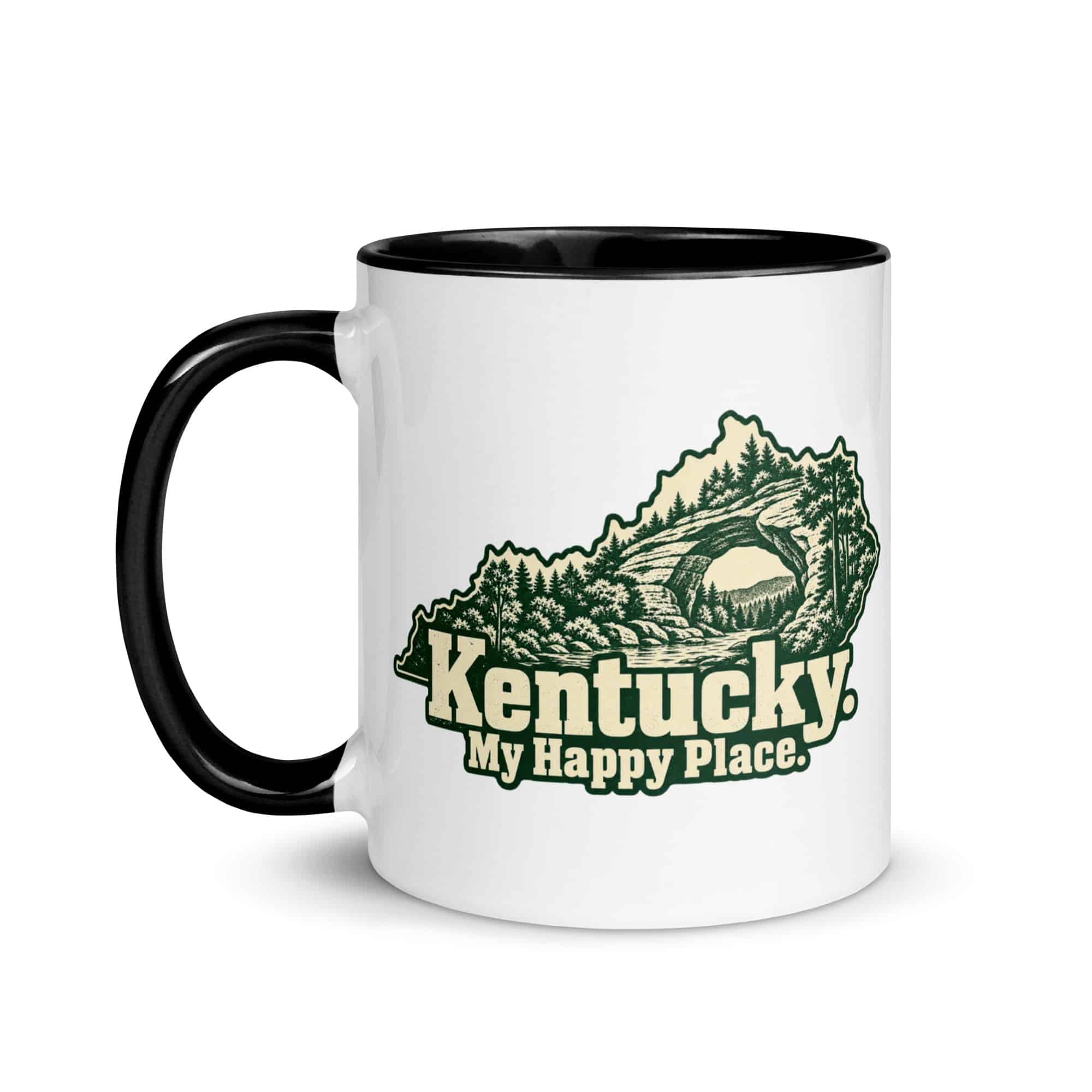 Kentucky Color Inside Coffee Mug: Sandstone arch and forest, Woodcut Kentucky Silhouette