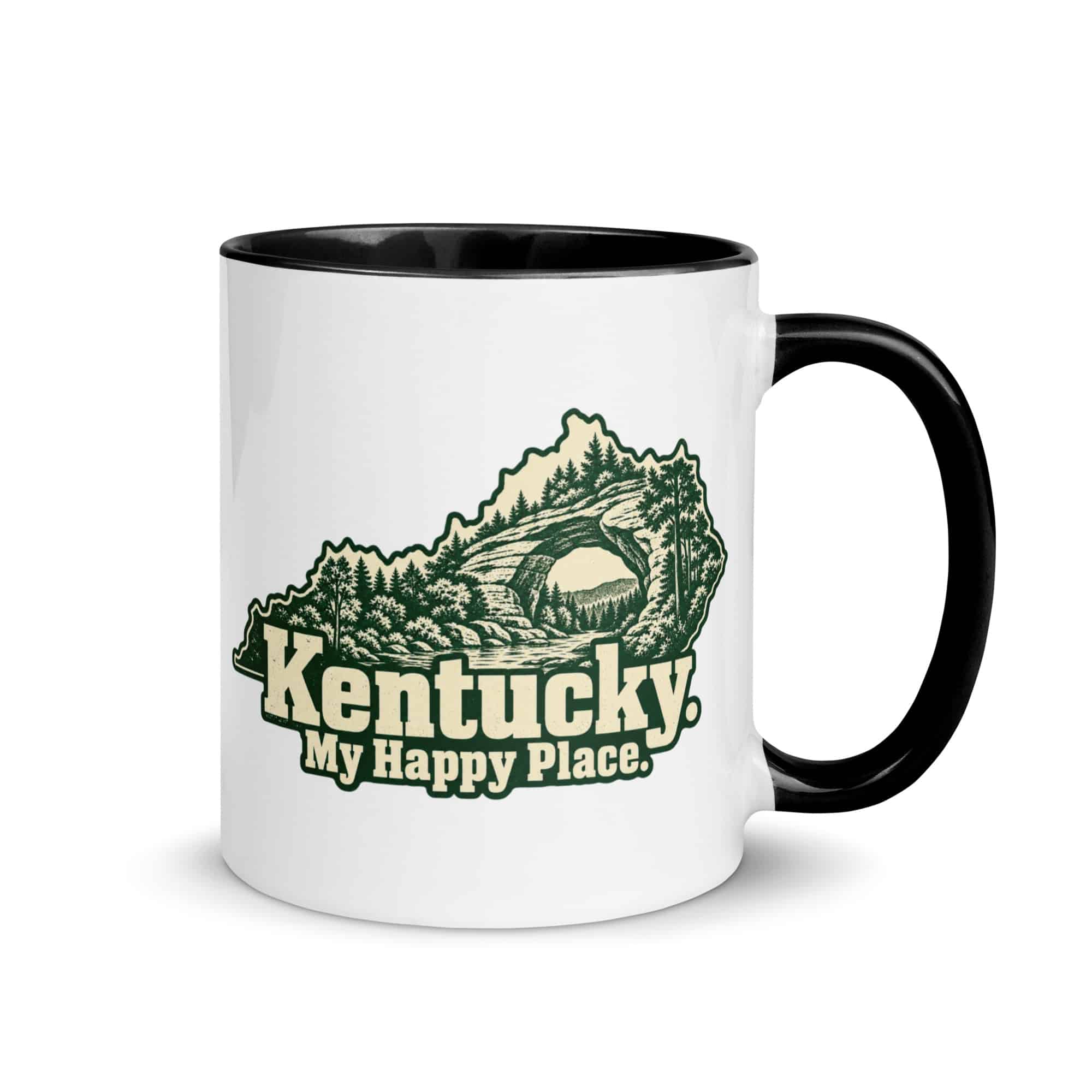 Kentucky Color Inside Coffee Mug: Sandstone arch and forest, Woodcut Kentucky Silhouette