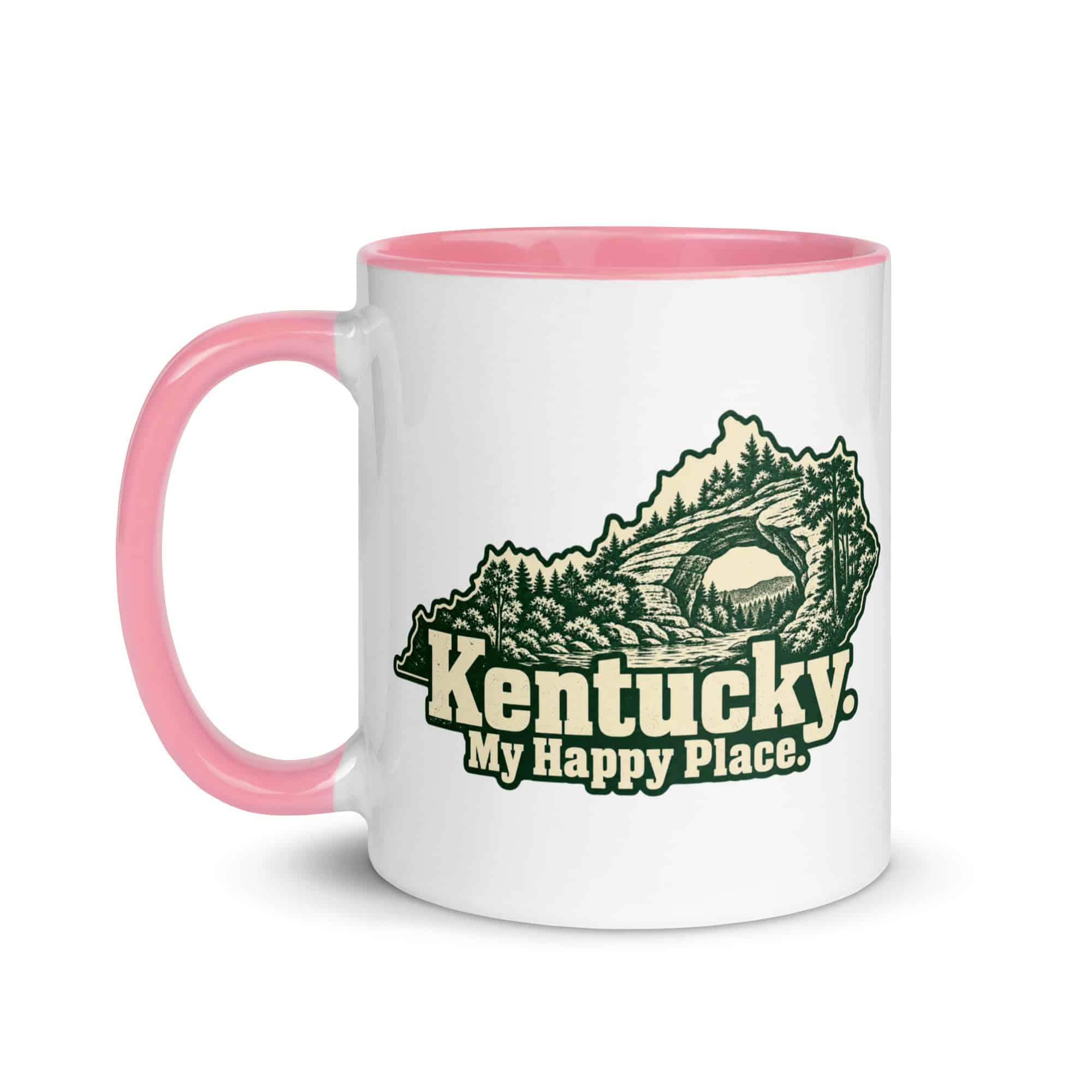 Kentucky Color Inside Coffee Mug: Sandstone arch and forest, Woodcut Kentucky Silhouette