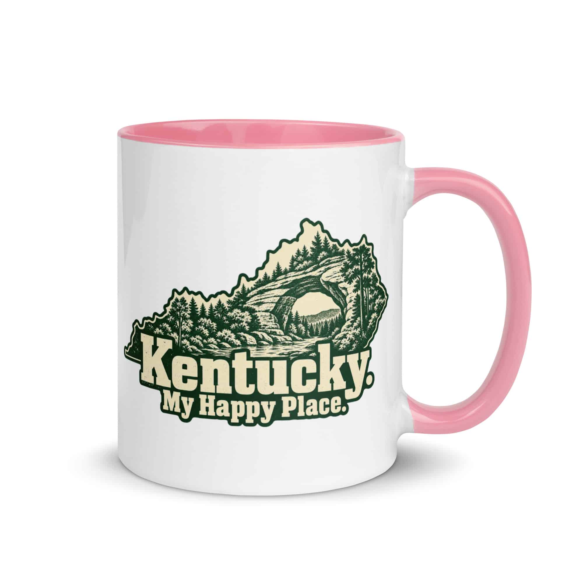 Kentucky Color Inside Coffee Mug: Sandstone arch and forest, Woodcut Kentucky Silhouette