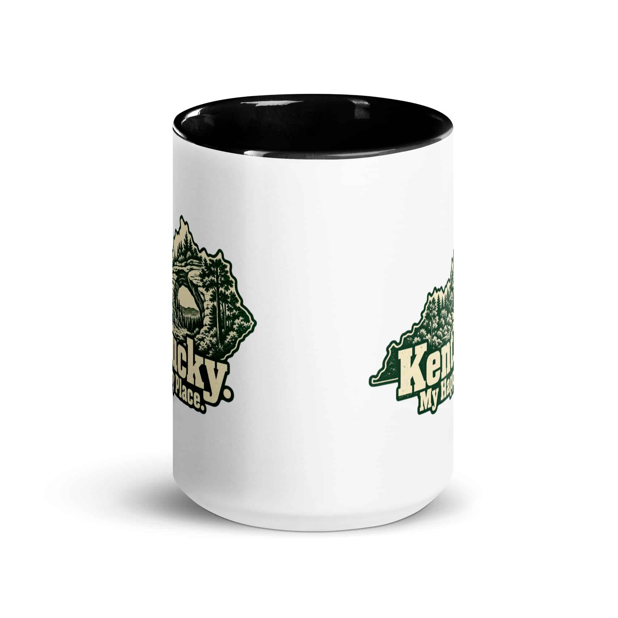 Kentucky Color Inside Coffee Mug: Sandstone arch and forest, Woodcut Kentucky Silhouette