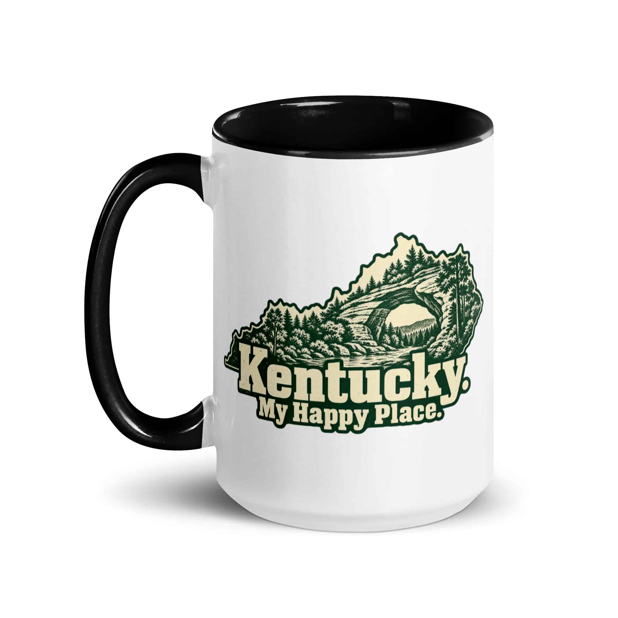 Kentucky Color Inside Coffee Mug: Sandstone arch and forest, Woodcut Kentucky Silhouette