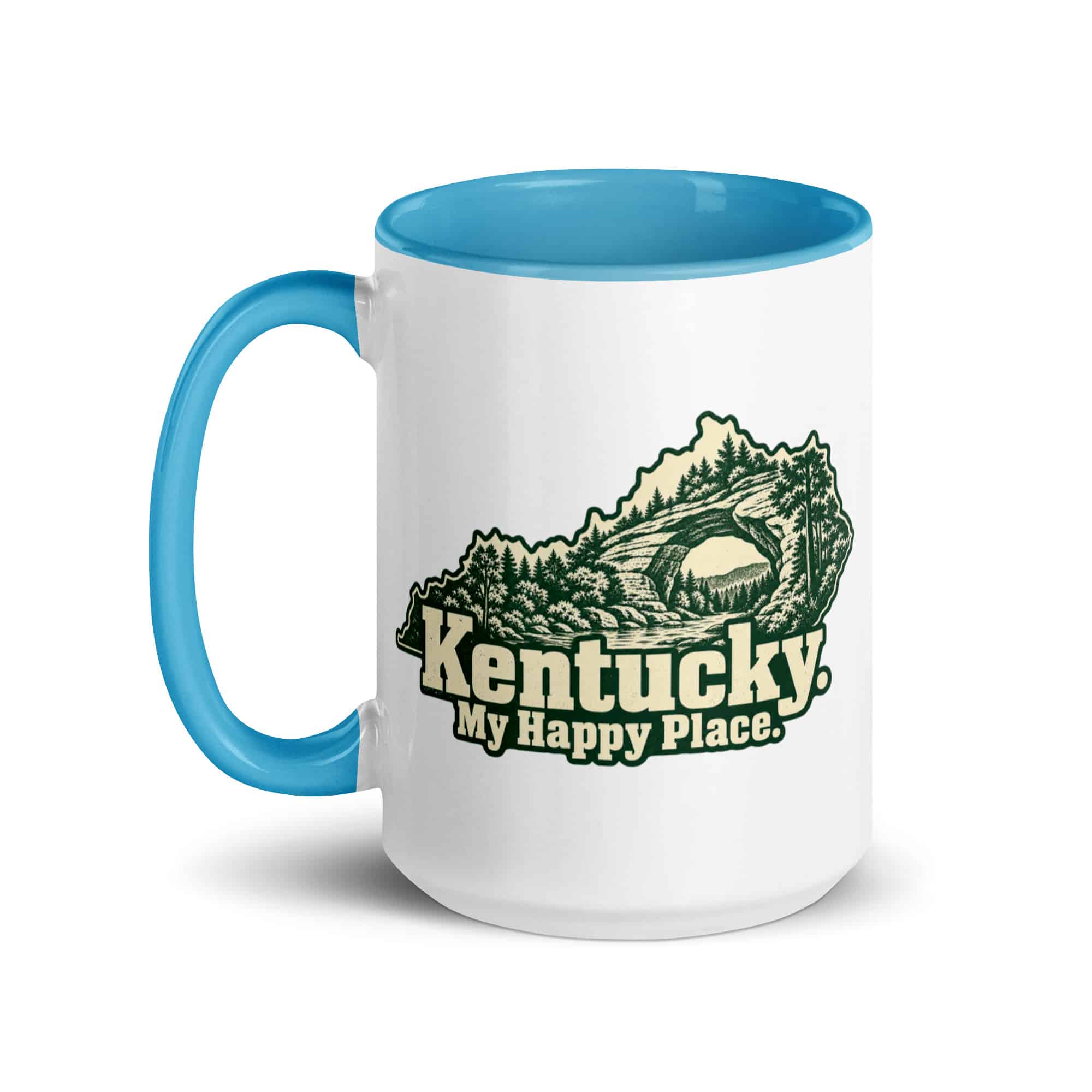 Kentucky Color Inside Coffee Mug: Sandstone arch and forest, Woodcut Kentucky Silhouette