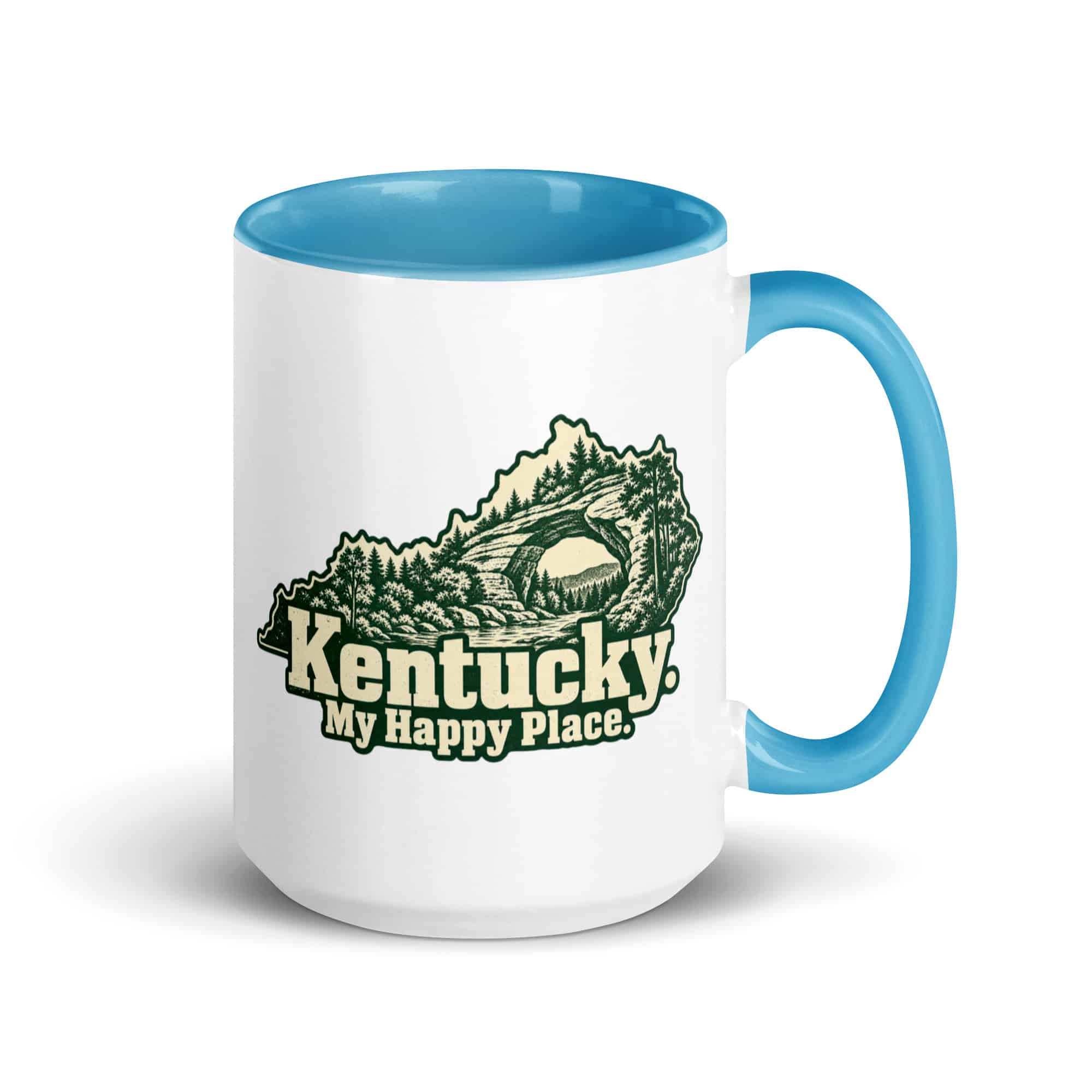 Kentucky Color Inside Coffee Mug: Sandstone arch and forest, Woodcut Kentucky Silhouette