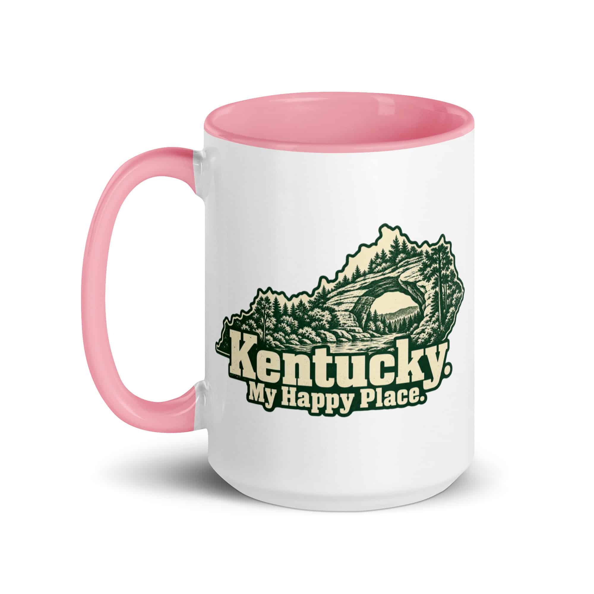 Kentucky Color Inside Coffee Mug: Sandstone arch and forest, Woodcut Kentucky Silhouette