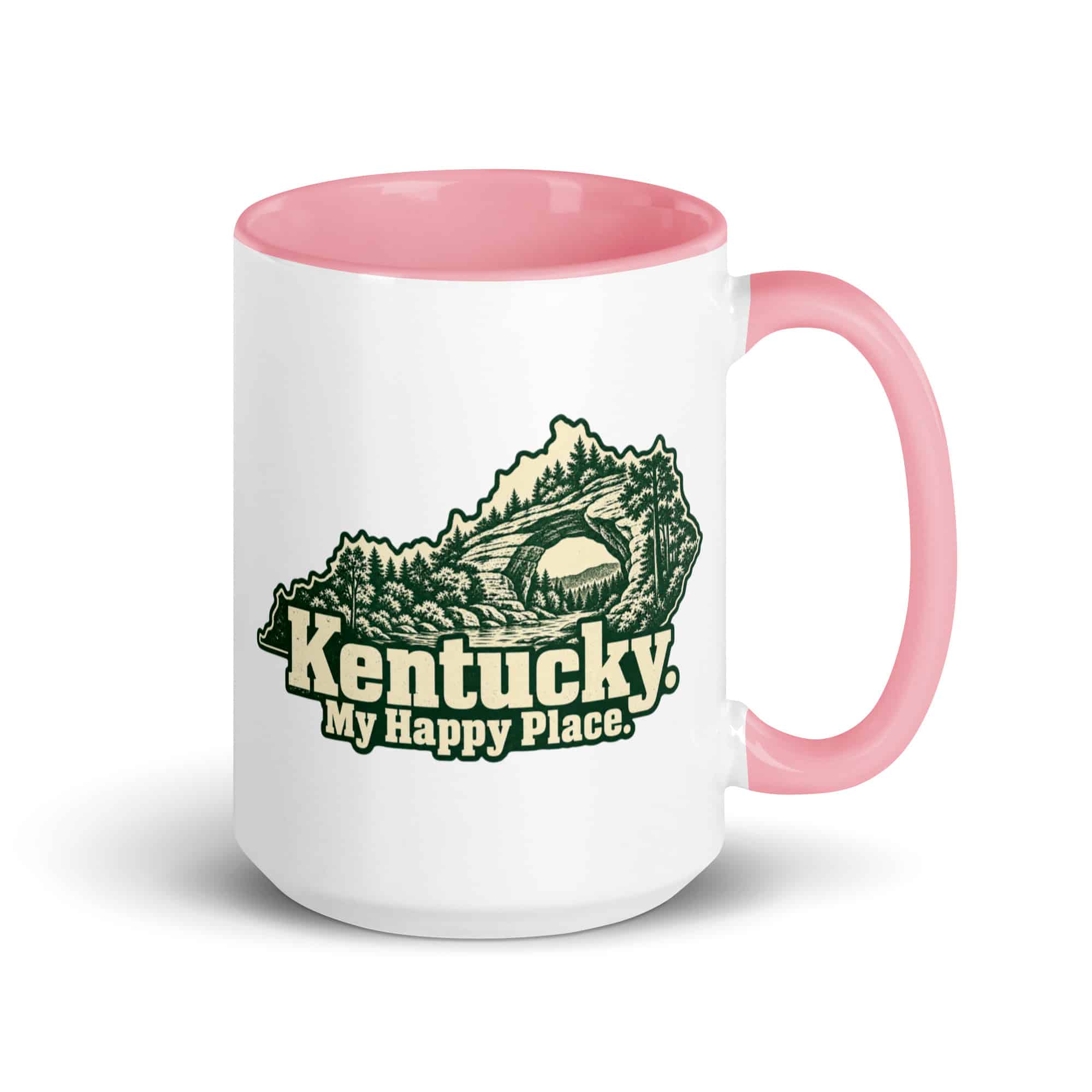 Kentucky Color Inside Coffee Mug: Sandstone arch and forest, Woodcut Kentucky Silhouette