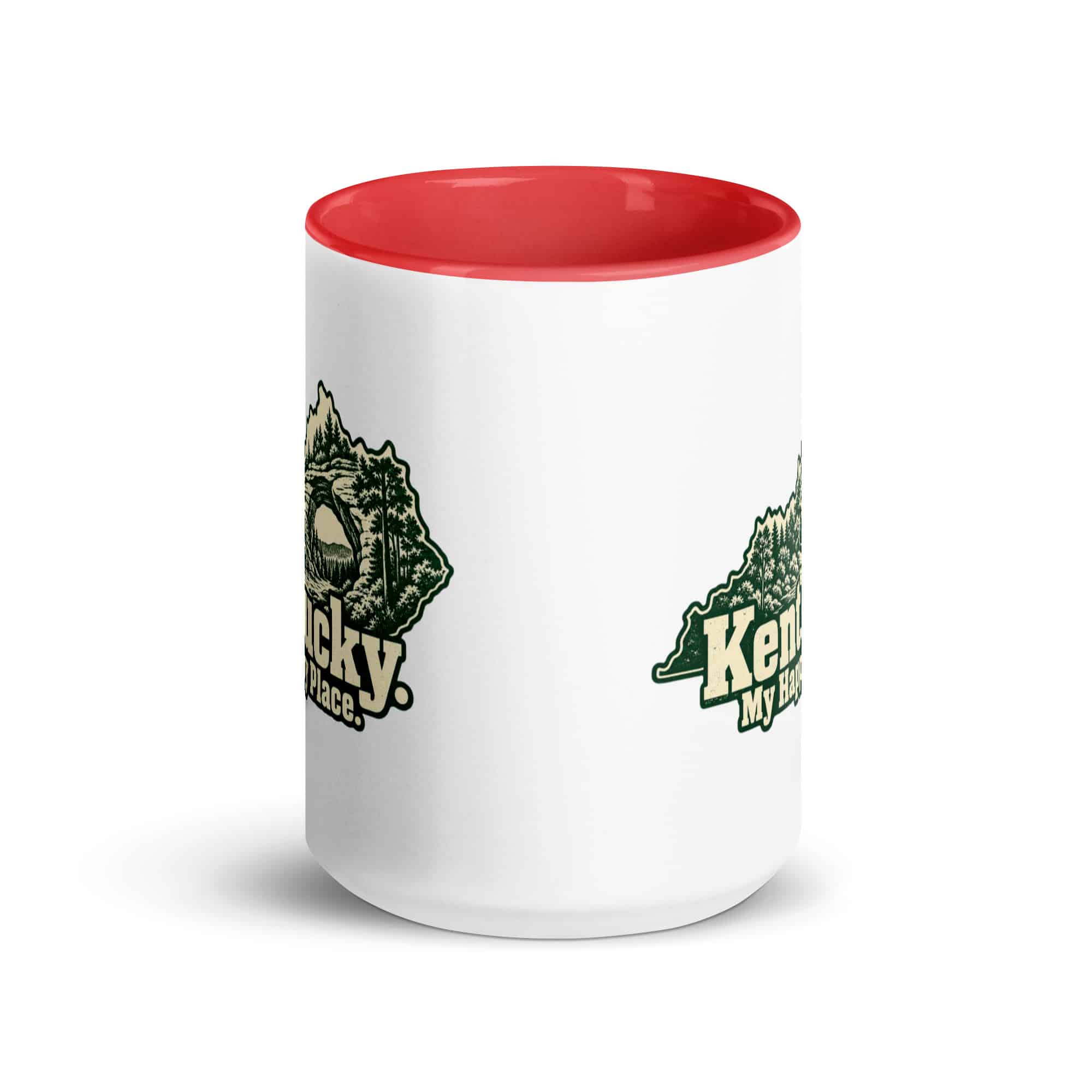 Kentucky Color Inside Coffee Mug: Sandstone arch and forest, Woodcut Kentucky Silhouette