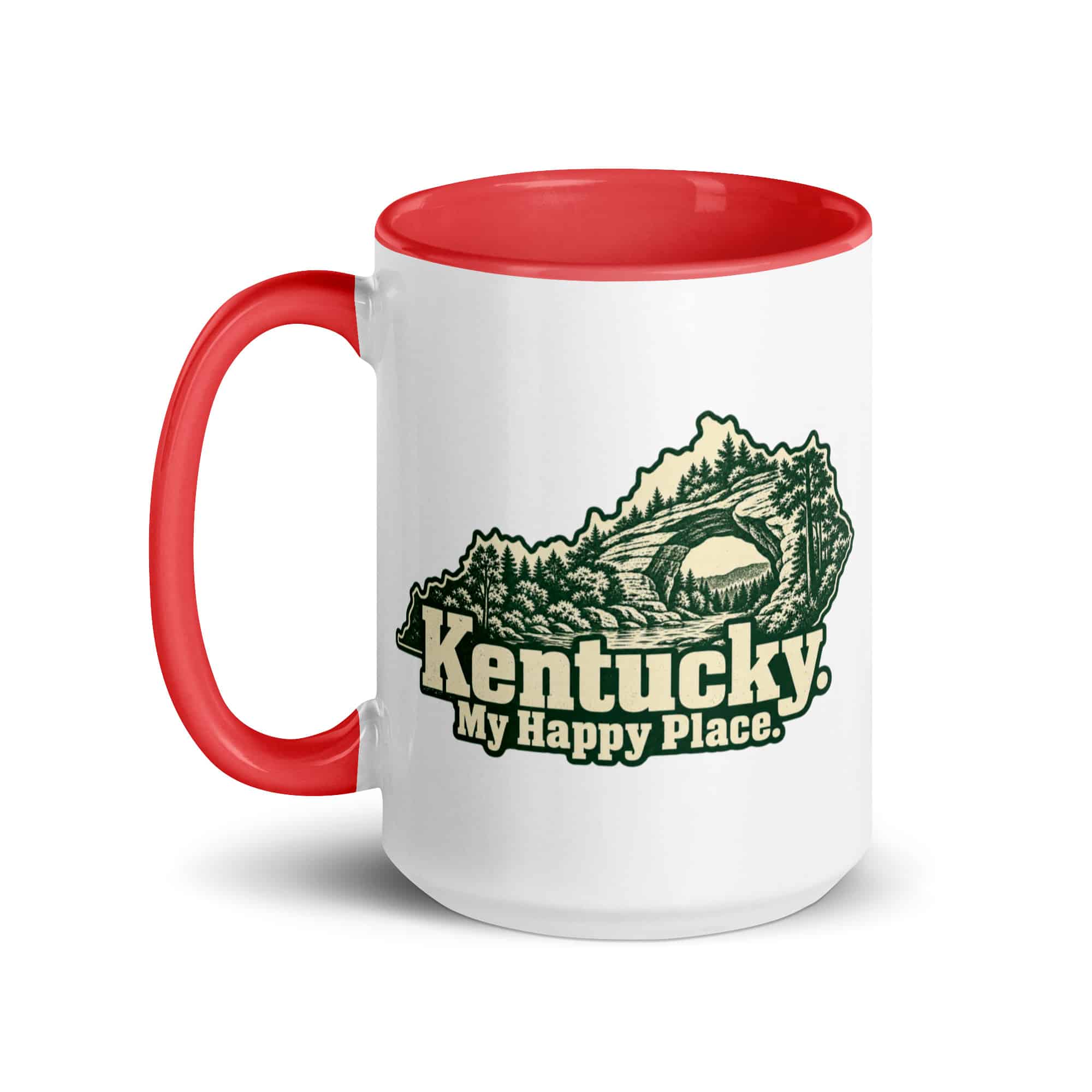 Kentucky Color Inside Coffee Mug: Sandstone arch and forest, Woodcut Kentucky Silhouette