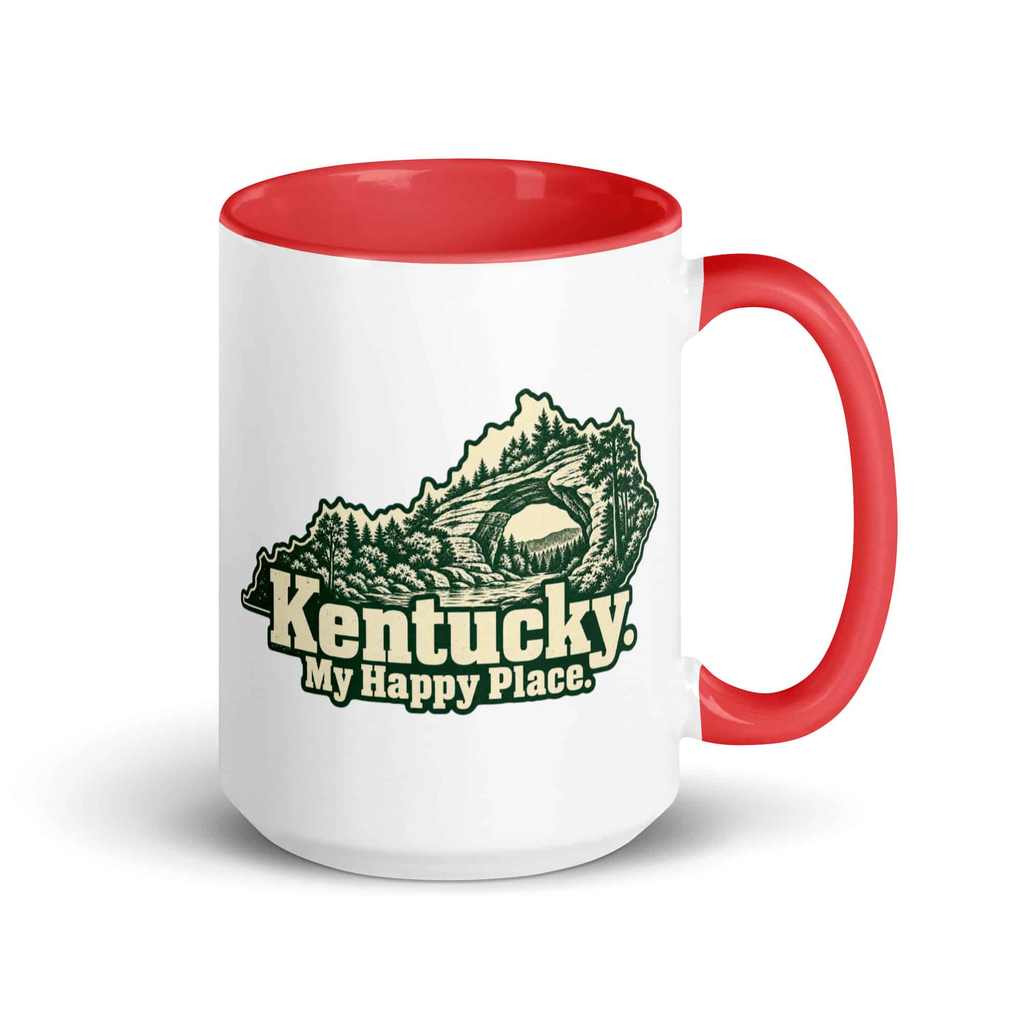 Kentucky Color Inside Coffee Mug: Sandstone arch and forest, Woodcut Kentucky Silhouette