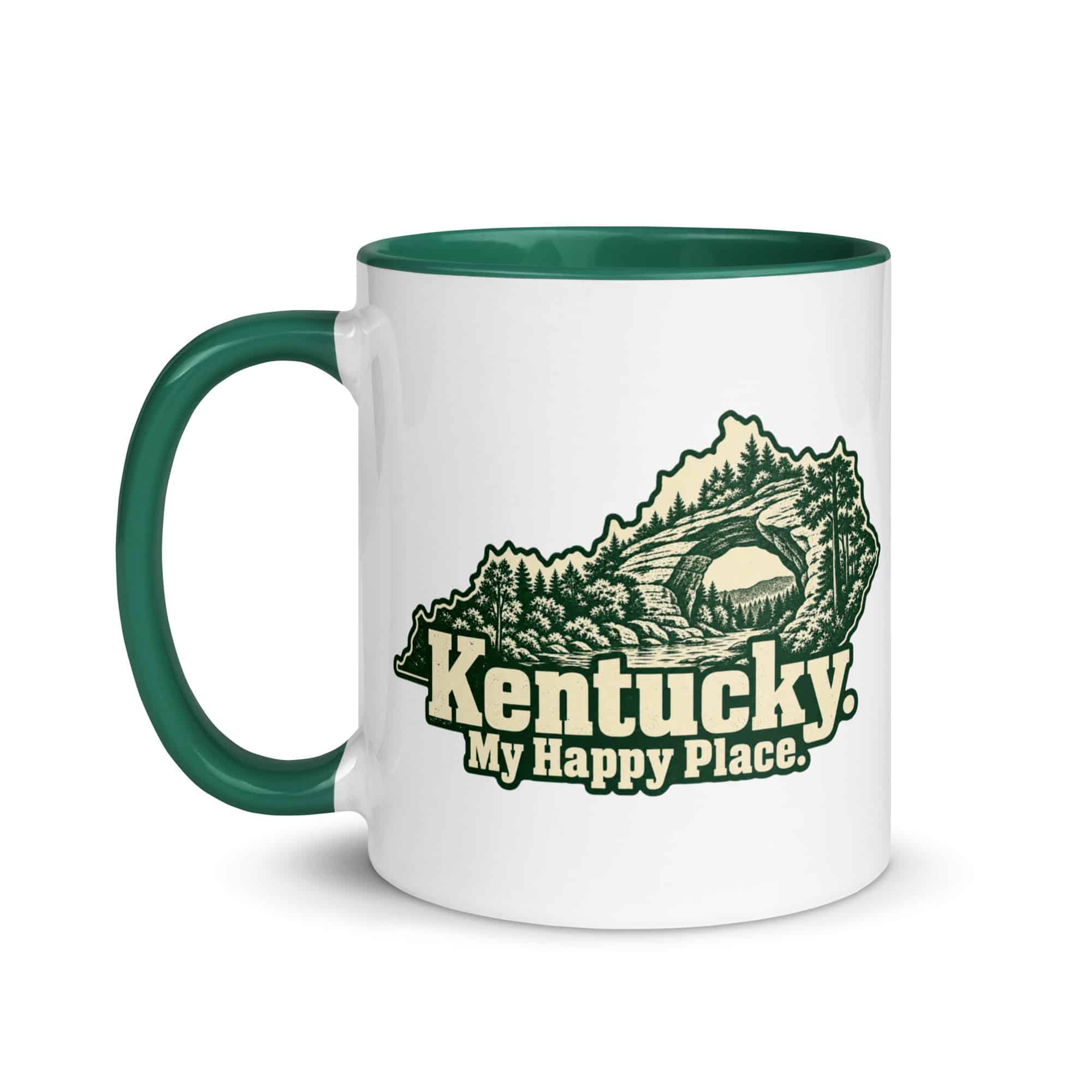 Kentucky Color Inside Coffee Mug: Sandstone arch and forest, Woodcut Kentucky Silhouette