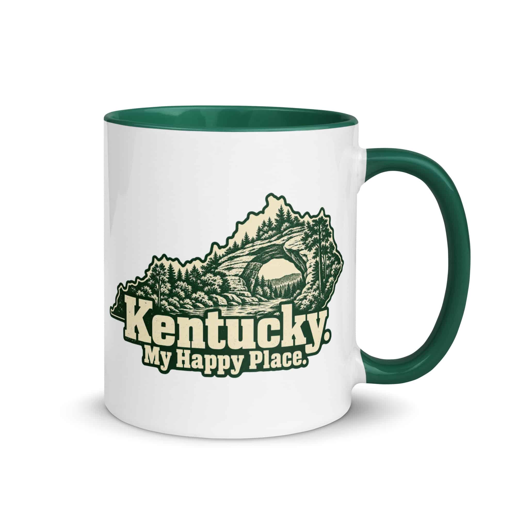 Kentucky Color Inside Coffee Mug: Sandstone arch and forest, Woodcut Kentucky Silhouette