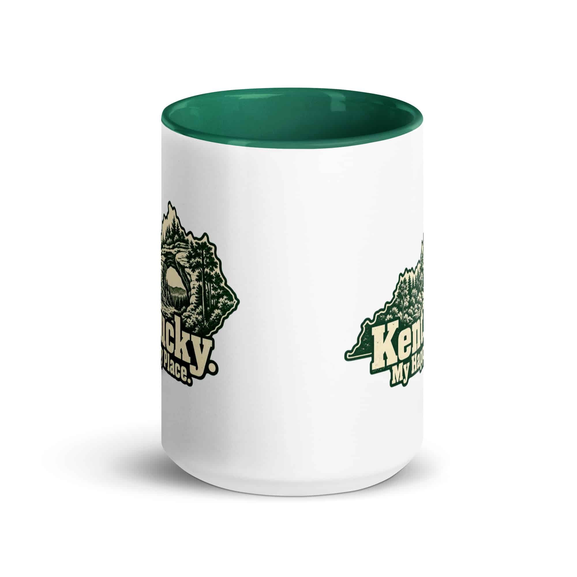 Kentucky Color Inside Coffee Mug: Sandstone arch and forest, Woodcut Kentucky Silhouette