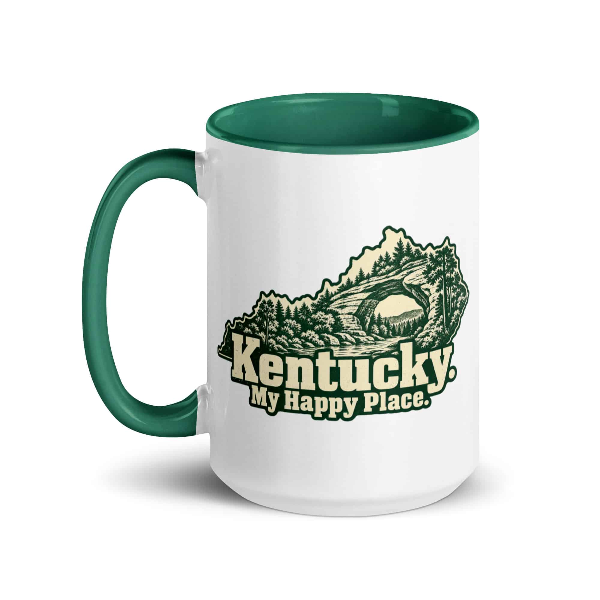 Kentucky Color Inside Coffee Mug: Sandstone arch and forest, Woodcut Kentucky Silhouette