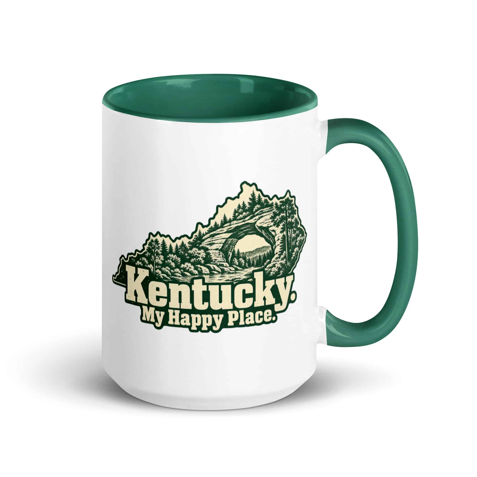 Kentucky Color Inside Coffee Mug: Sandstone arch and forest, Woodcut Kentucky Silhouette