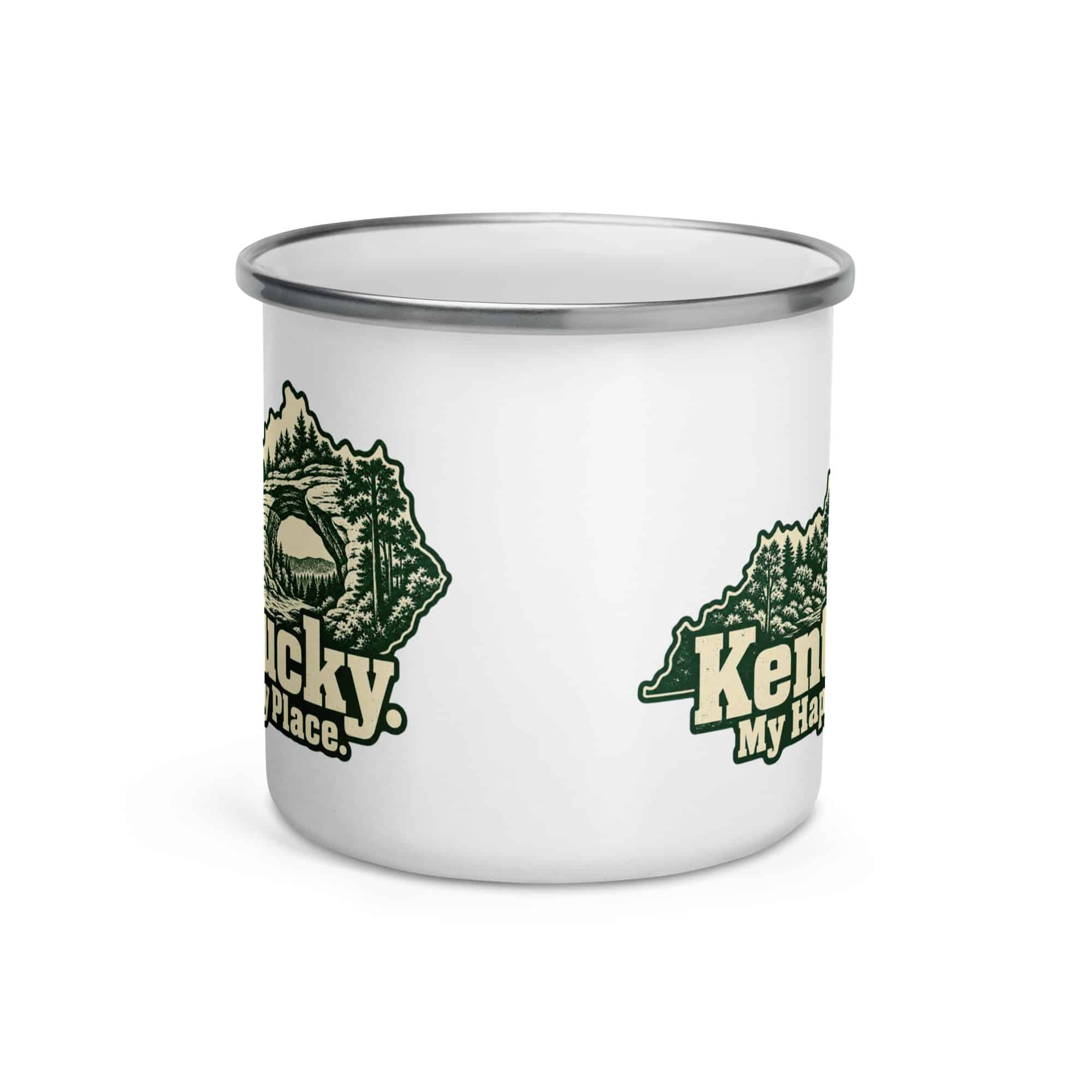 Kentucky Enamel Camp Mug: Sandstone arch and forest, Woodcut Kentucky Silhouette