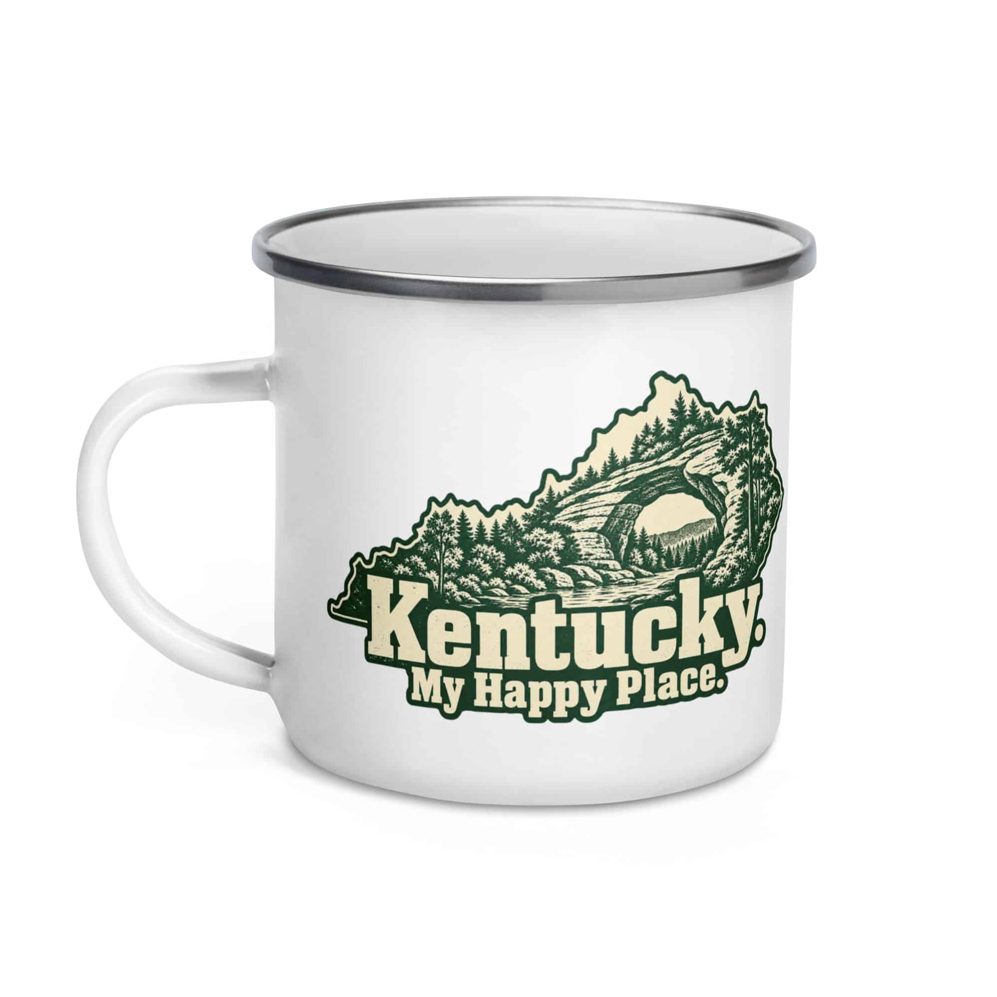 Kentucky Enamel Camp Mug: Sandstone arch and forest, Woodcut Kentucky Silhouette