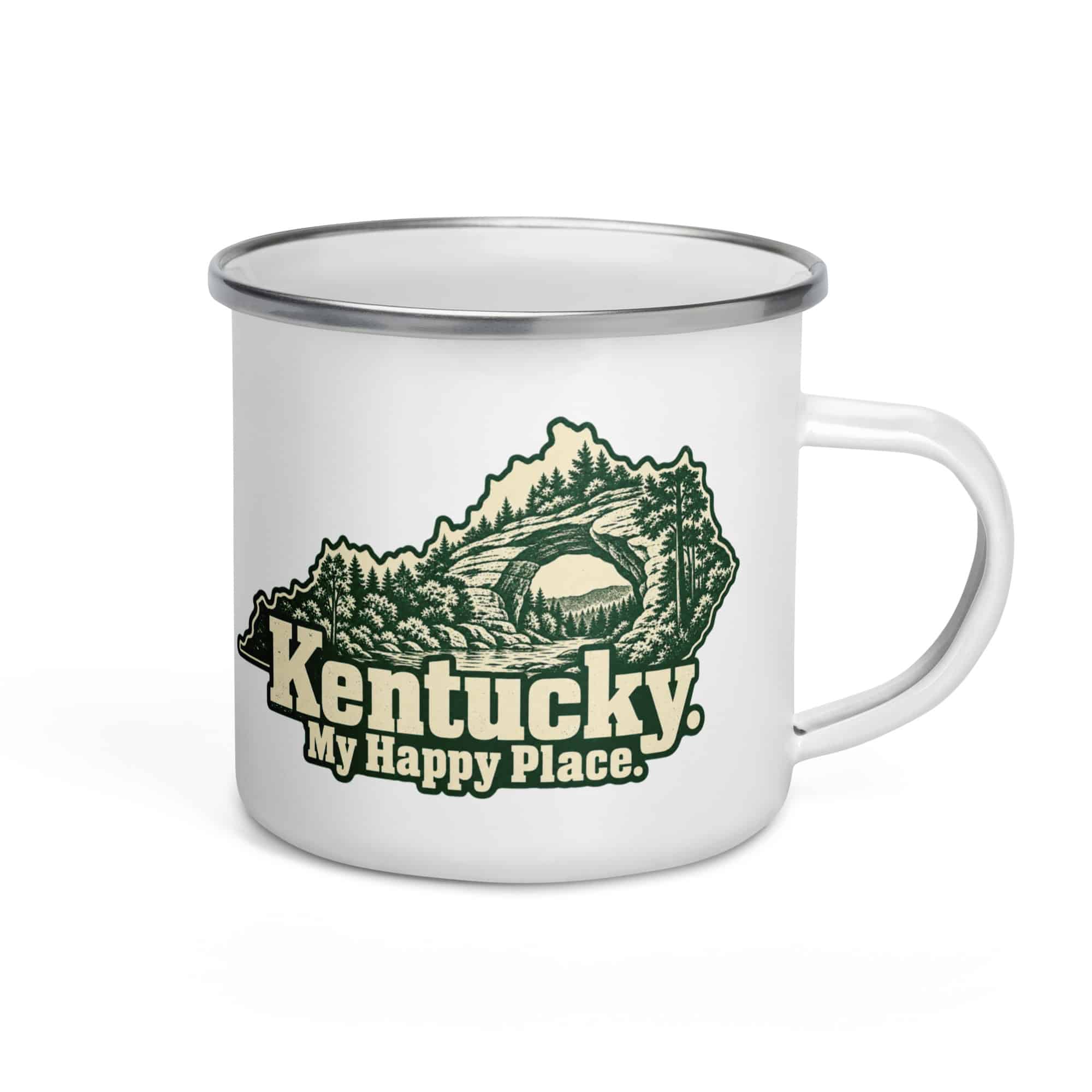 Kentucky Enamel Camp Mug: Sandstone arch and forest, Woodcut Kentucky Silhouette