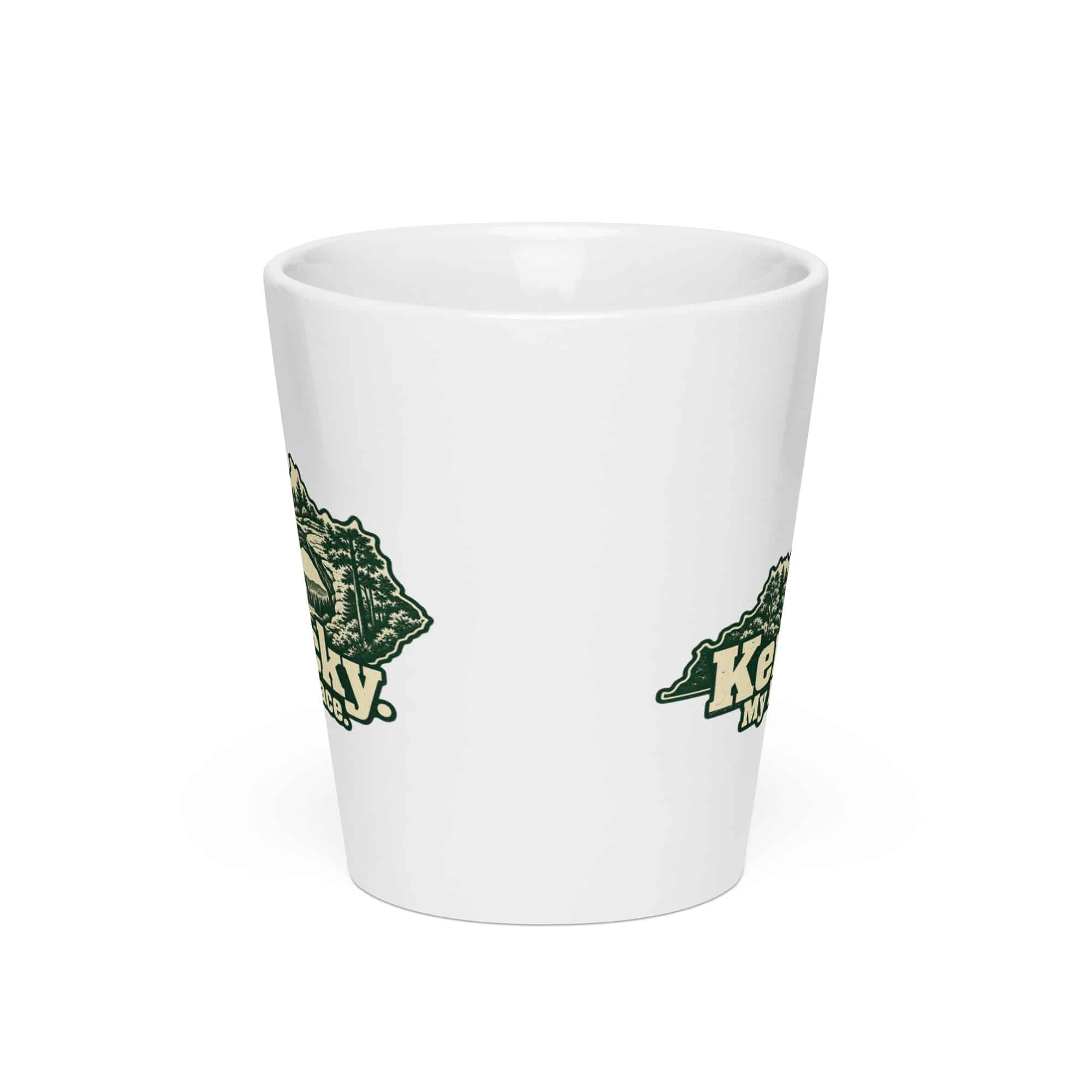 Kentucky Latte Mug: Sandstone arch and forest, Woodcut Kentucky Silhouette