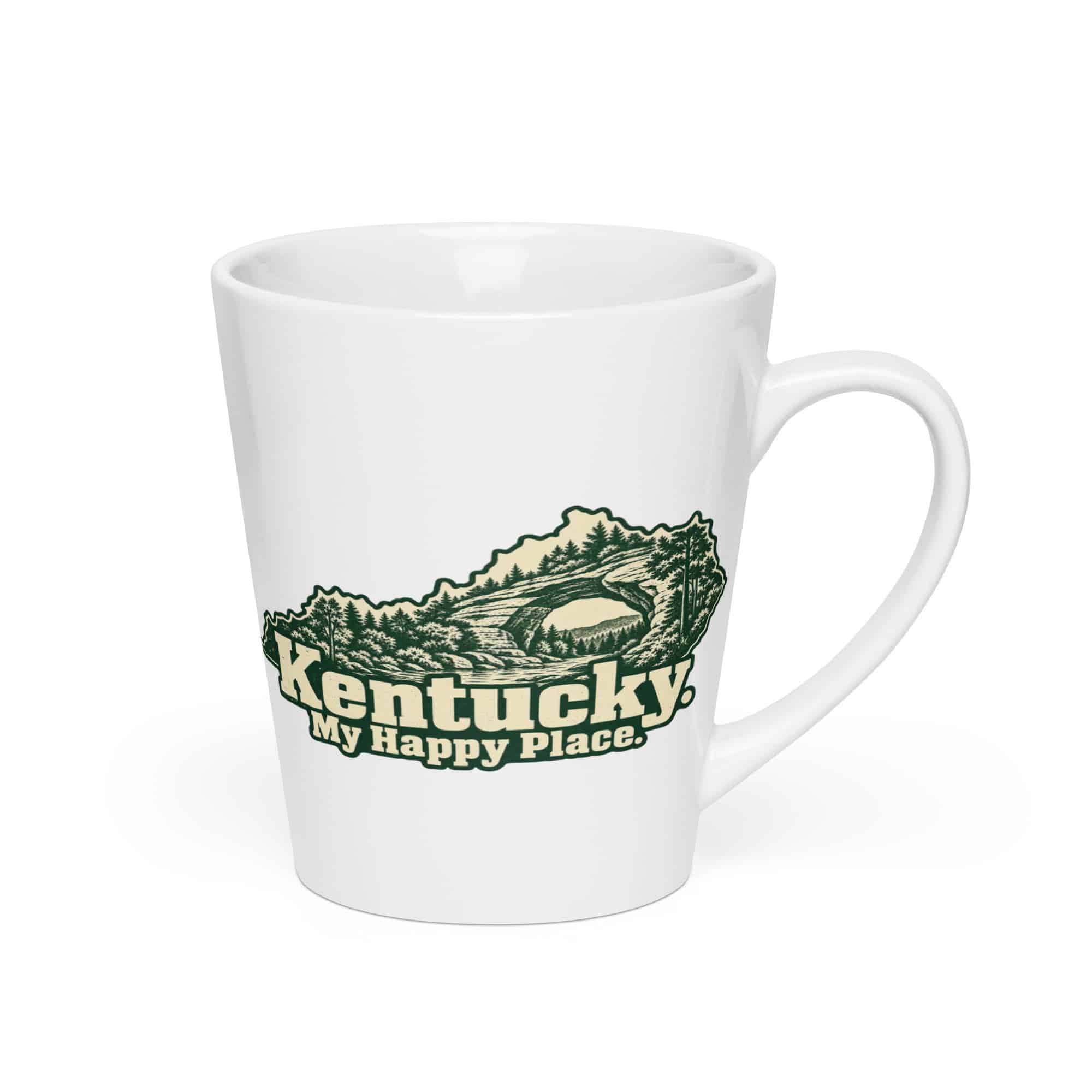 Kentucky Latte Mug: Sandstone arch and forest, Woodcut Kentucky Silhouette