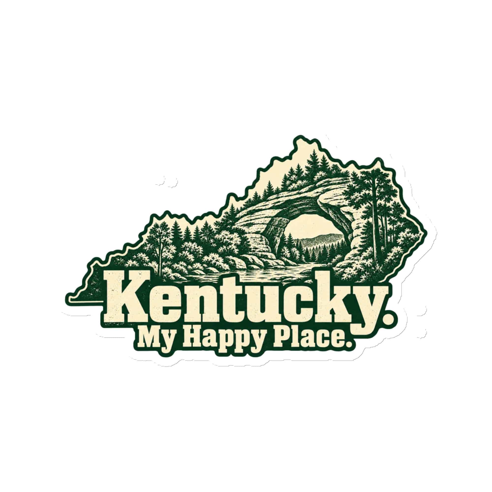 Kentucky Die-Cut Magnet: Sandstone arch and forest, Woodcut Kentucky Silhouette