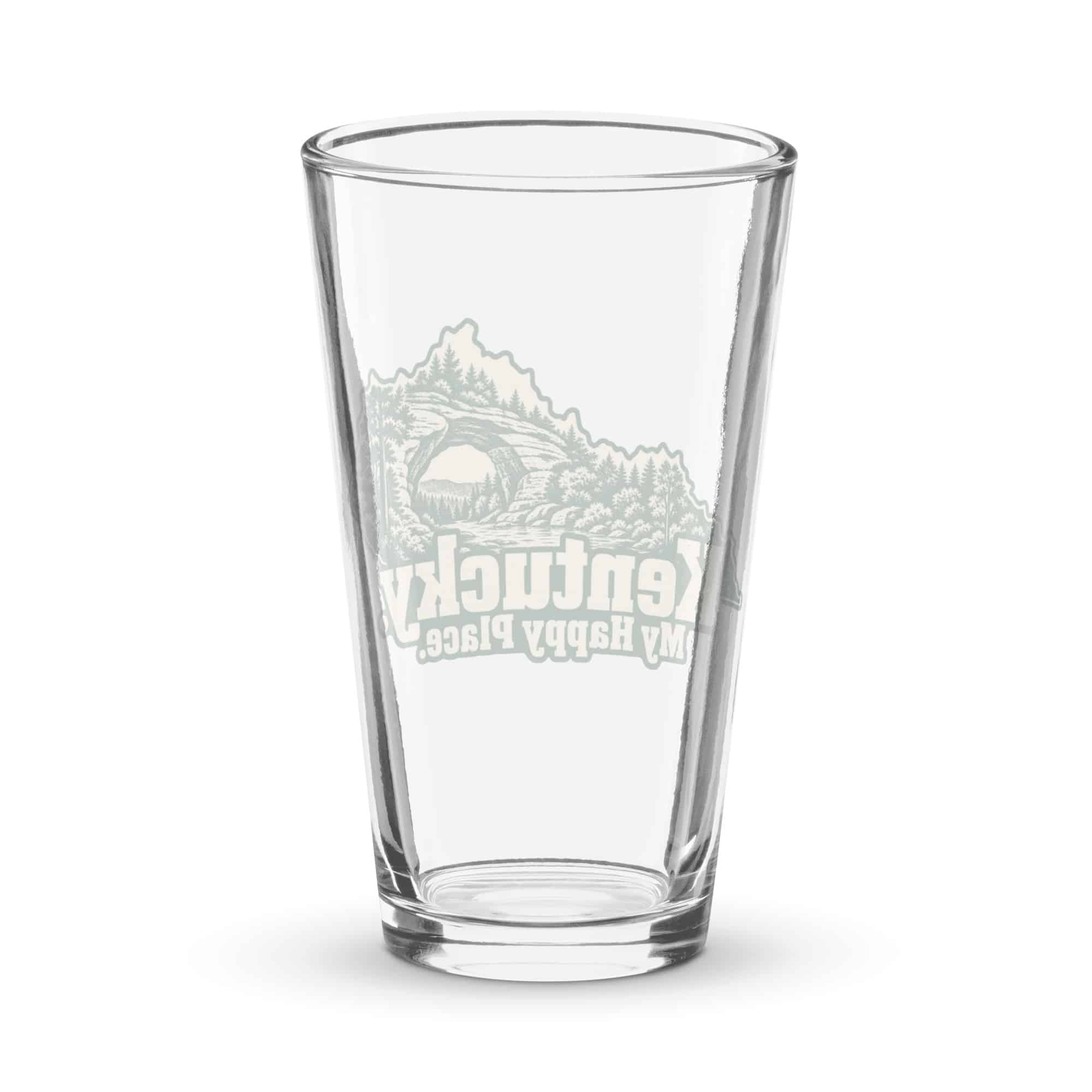 Kentucky Pint Glass: Sandstone arch and forest, Woodcut Kentucky Silhouette