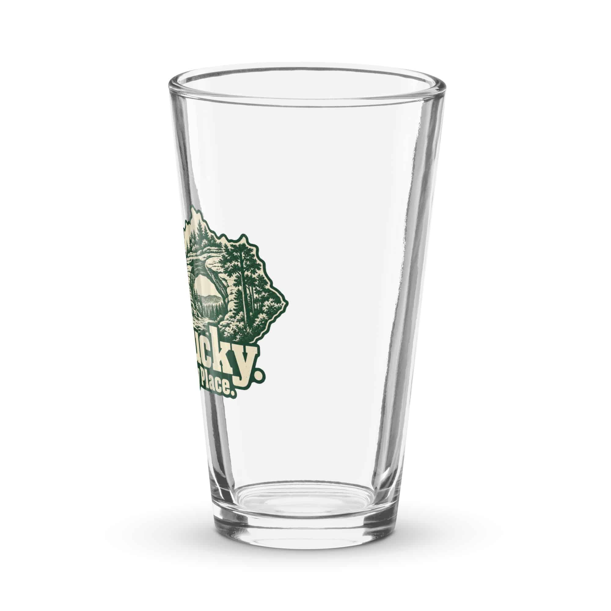 Kentucky Pint Glass: Sandstone arch and forest, Woodcut Kentucky Silhouette