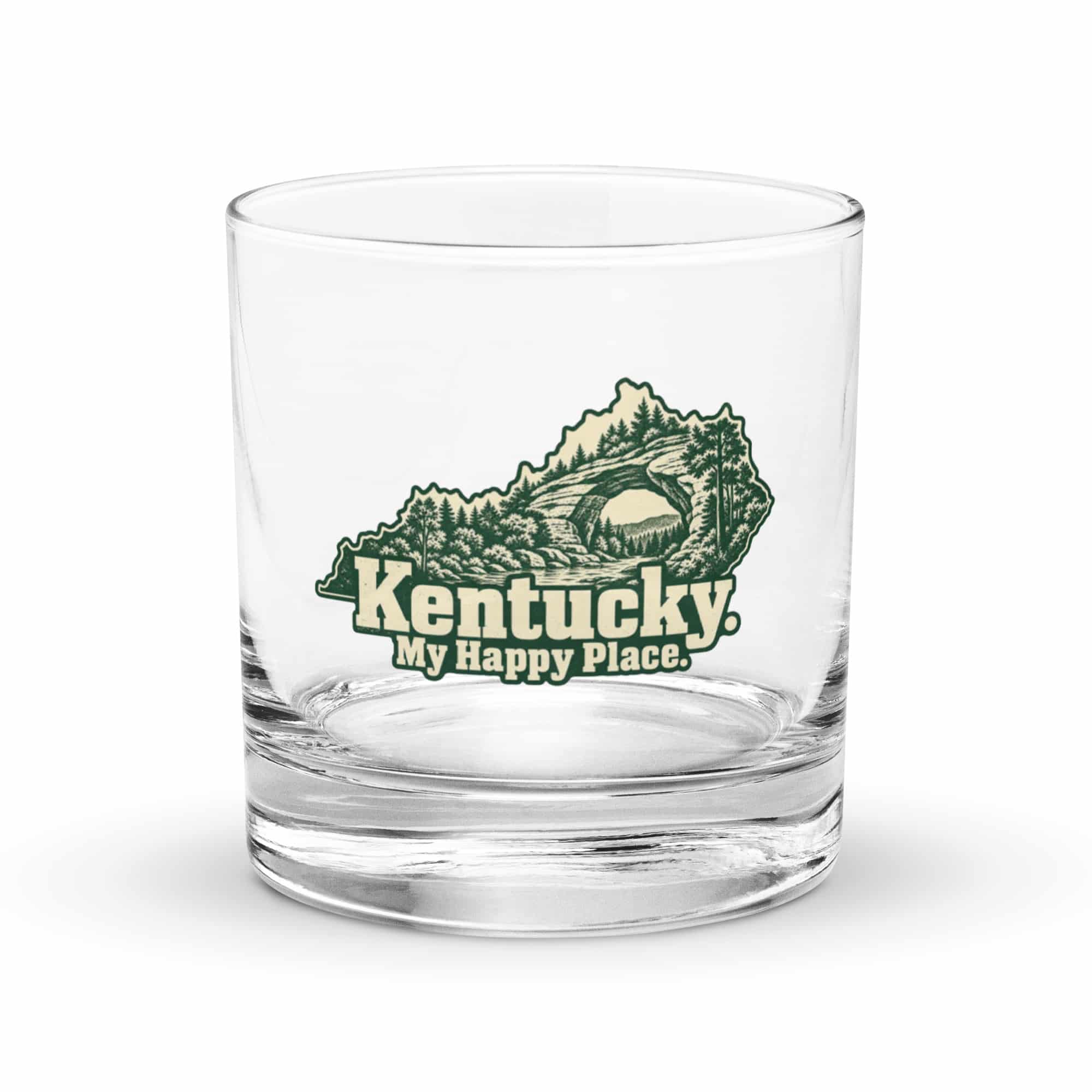Kentucky Rocks Glass: Sandstone arch and forest, Woodcut Kentucky Silhouette