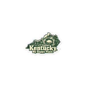 Kentucky Vinyl Sticker: Sandstone arch and forest, Woodcut Kentucky Silhouette - 3″×3″ - Main