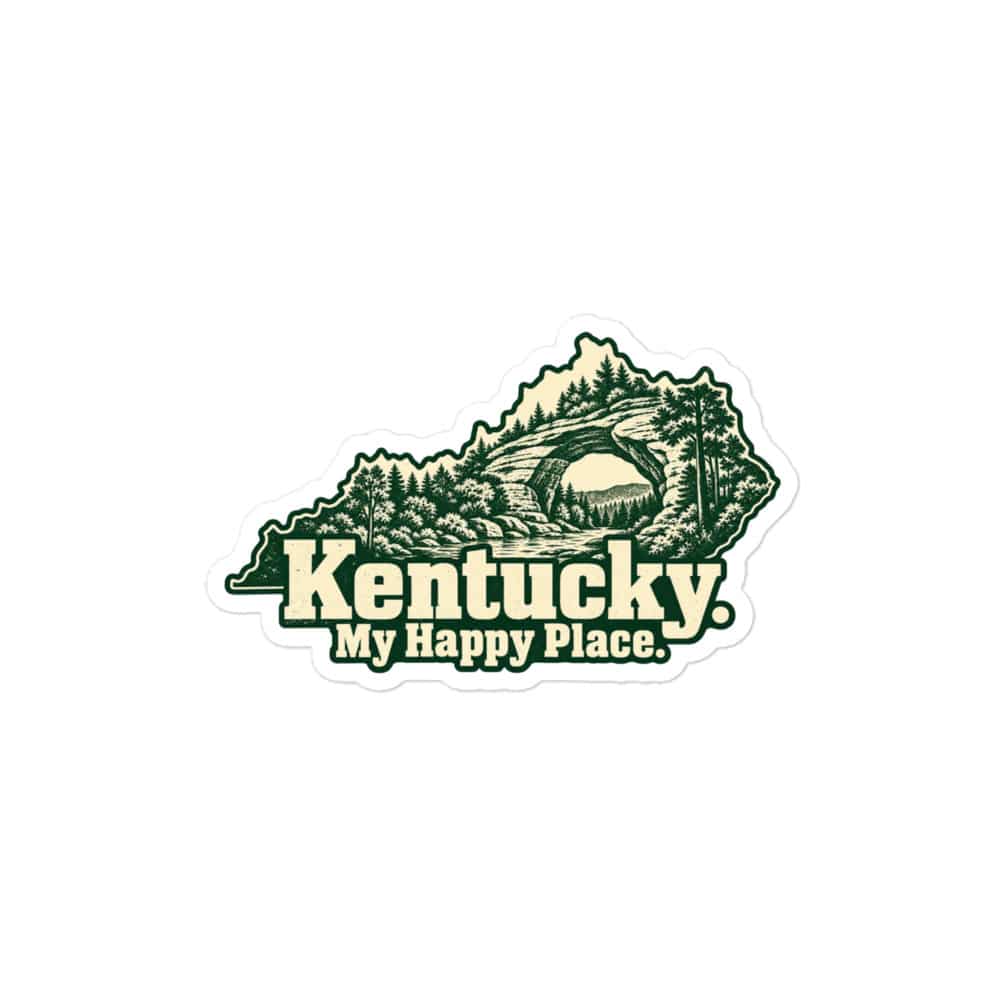 Kentucky Vinyl Sticker: Sandstone arch and forest, Woodcut Kentucky Silhouette