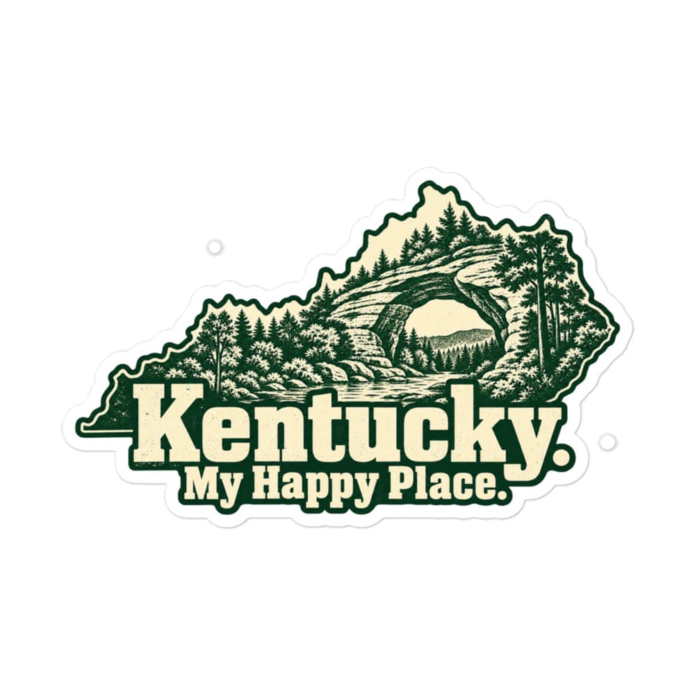 Kentucky Vinyl Sticker: Sandstone arch and forest, Woodcut Kentucky Silhouette