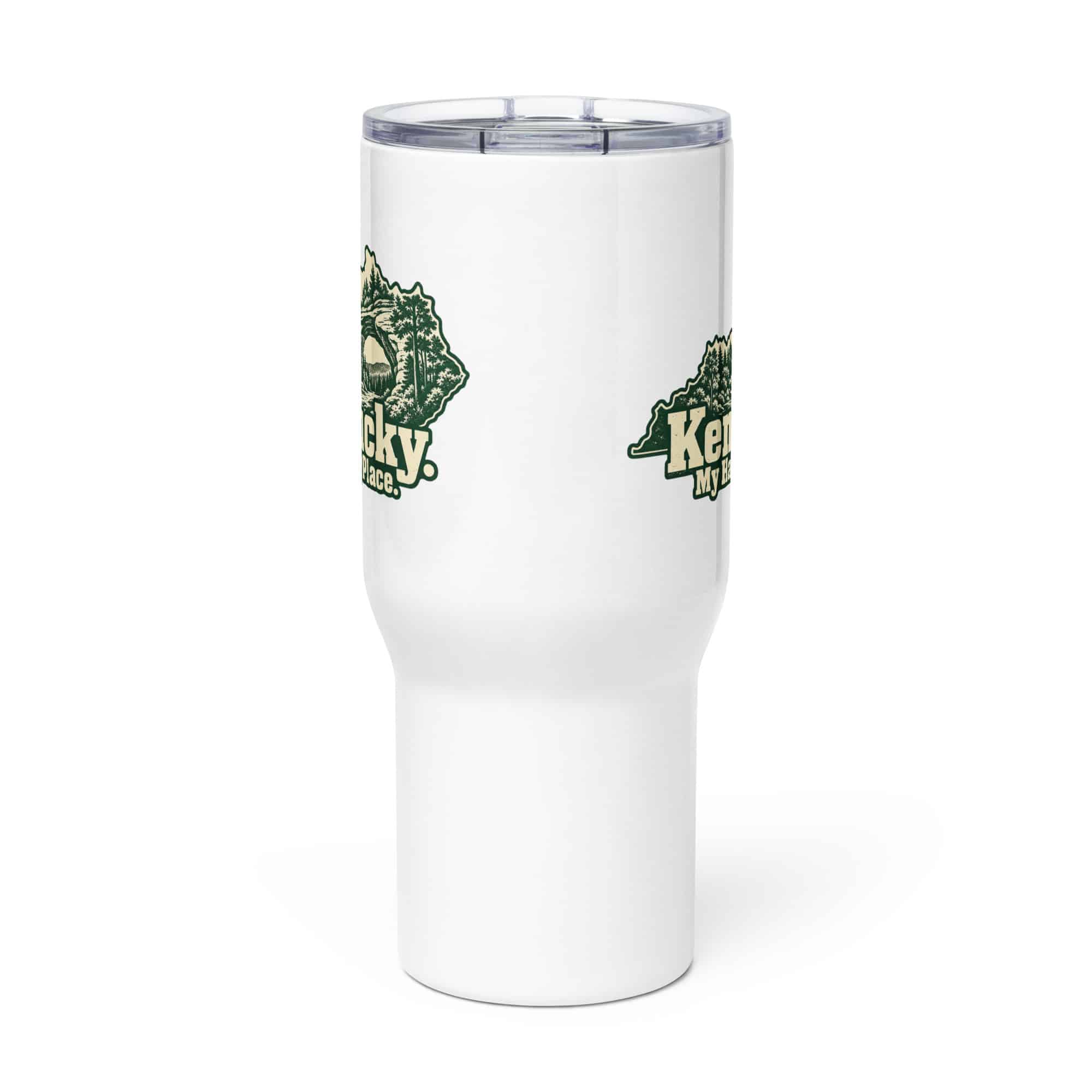 Kentucky Travel Mug: Sandstone arch and forest, Woodcut Kentucky Silhouette