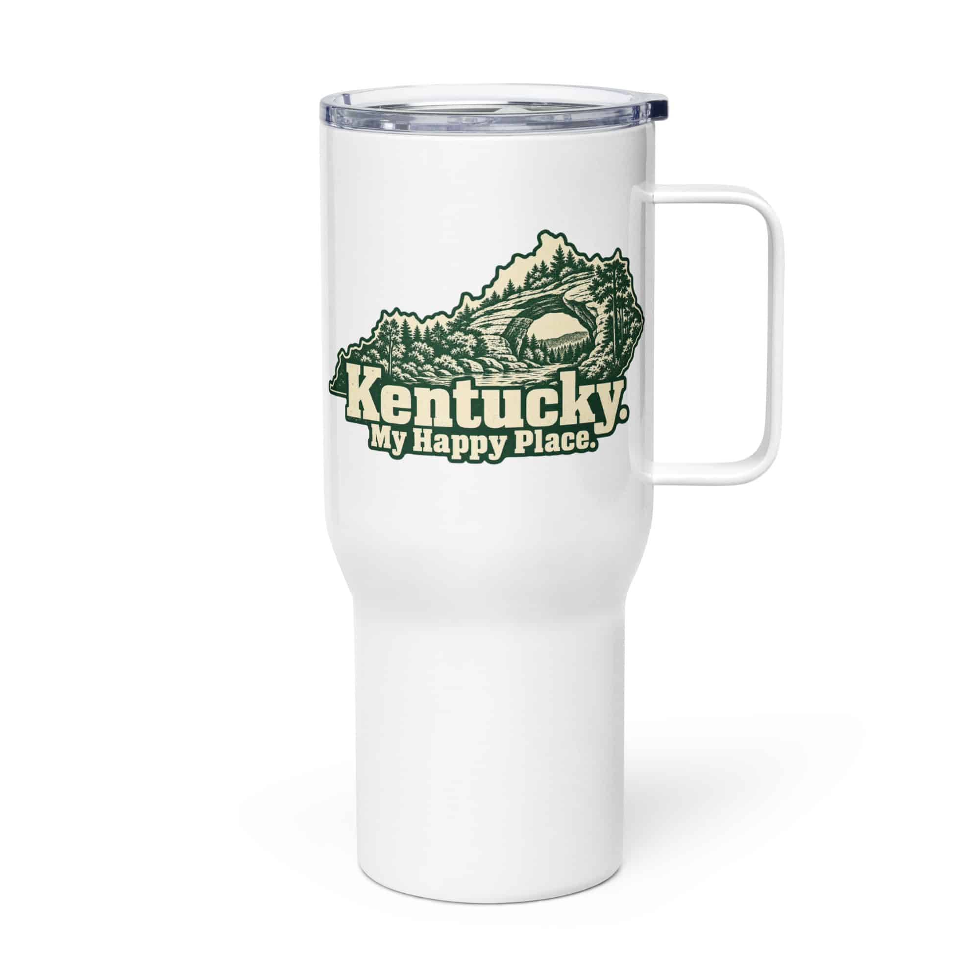 Kentucky Travel Mug: Sandstone arch and forest, Woodcut Kentucky Silhouette