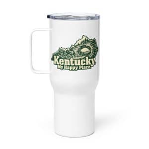 Kentucky Travel Mug: Sandstone arch and forest, Woodcut Kentucky Silhouette - 25 oz - Main