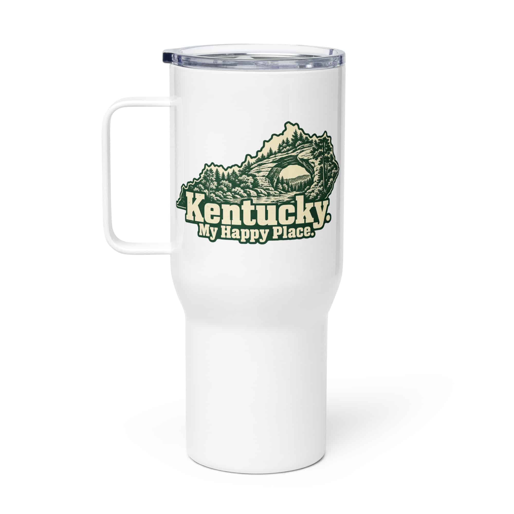 Kentucky Travel Mug: Sandstone arch and forest, Woodcut Kentucky Silhouette